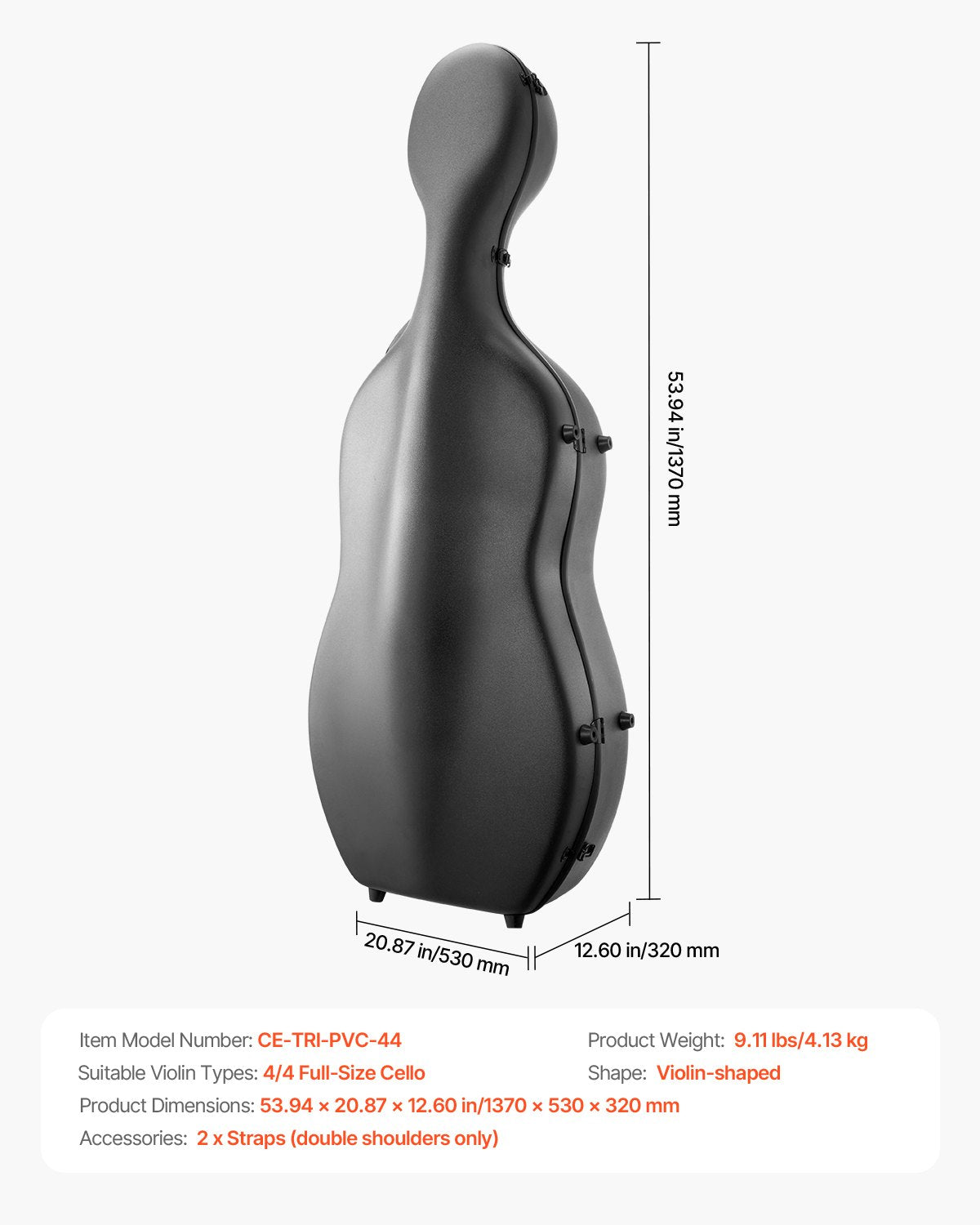 Lightweight 4/4 Full Size Cello Case, Black Composite Carbon Fiber, Plush Lining, Dual Straps, Anti-Scratch, Professional Travel Bag