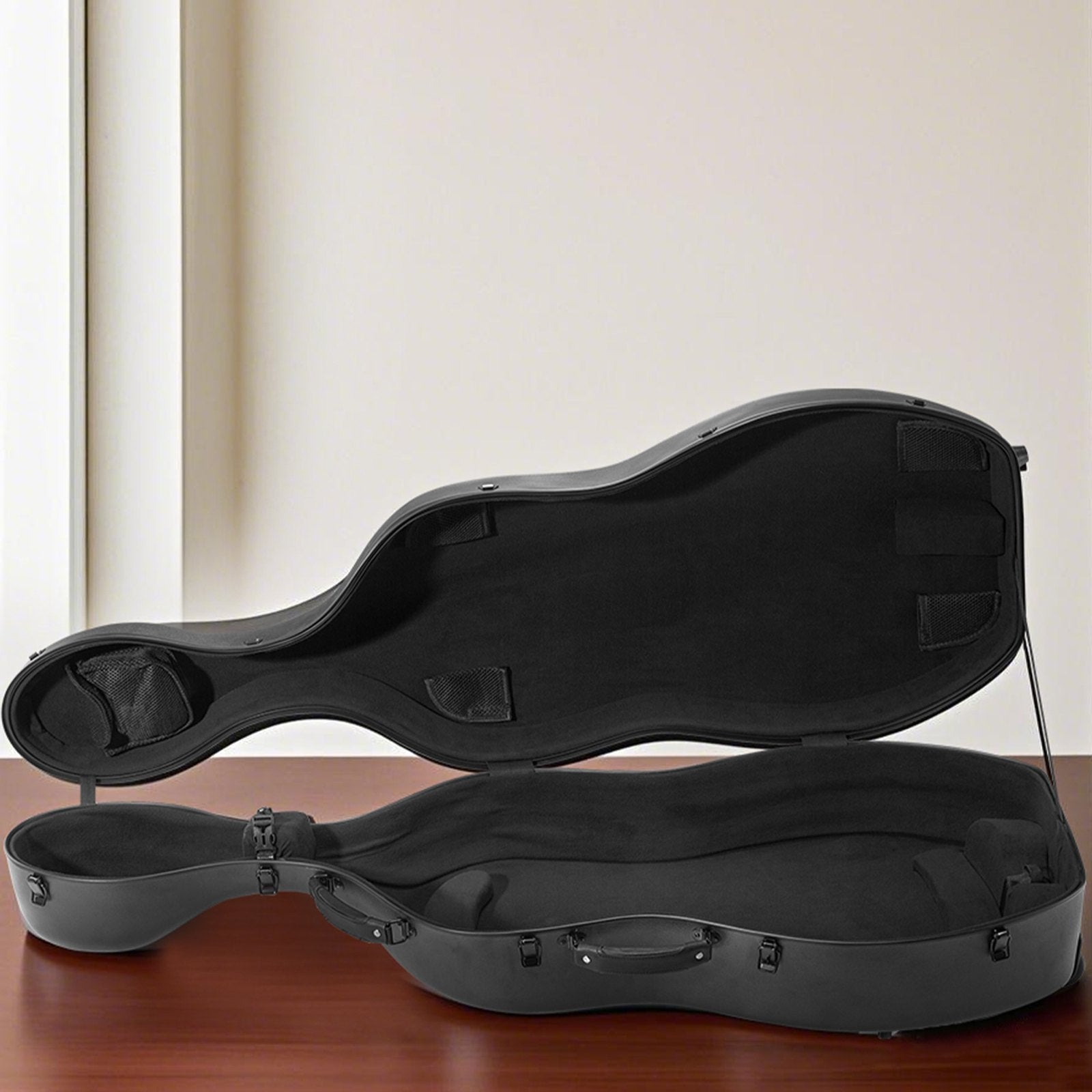 Lightweight 4/4 Full Size Cello Case, Black Composite Carbon Fiber, Plush Lining, Dual Straps, Anti-Scratch, Professional Travel Bag