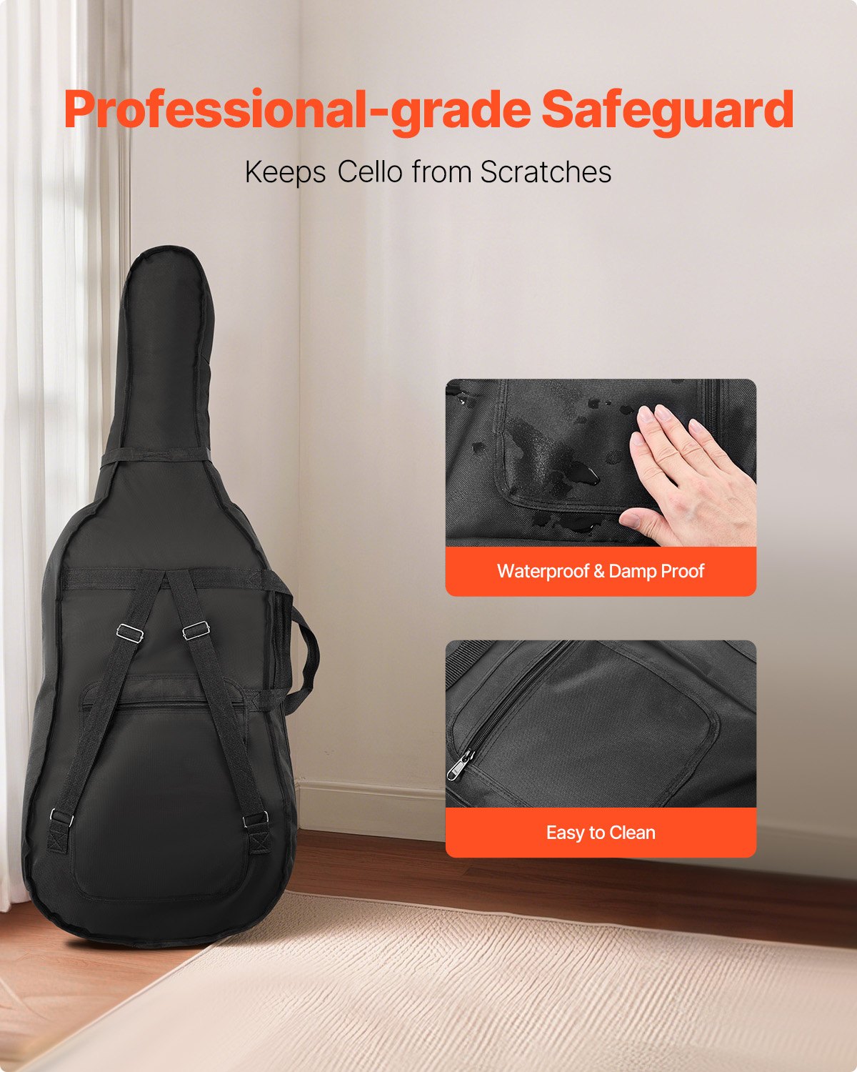 4/4 Full Size Cello Case, Lightweight Waterproof Nylon with Dual Straps, Anti-Scratch, Travel-Friendly Cello Bag, Black