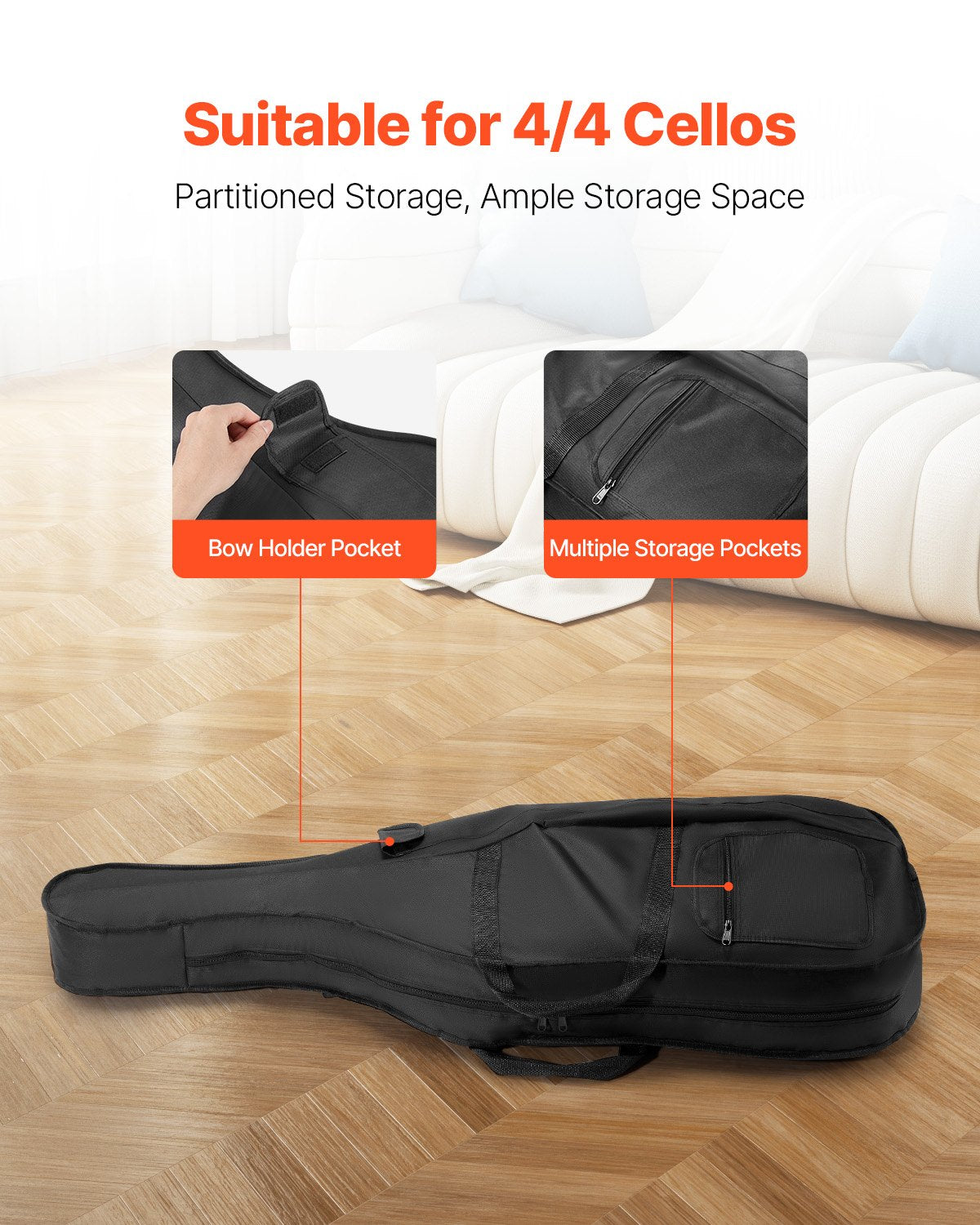 4/4 Full Size Cello Case, Lightweight Waterproof Nylon with Dual Straps, Anti-Scratch, Travel-Friendly Cello Bag, Black