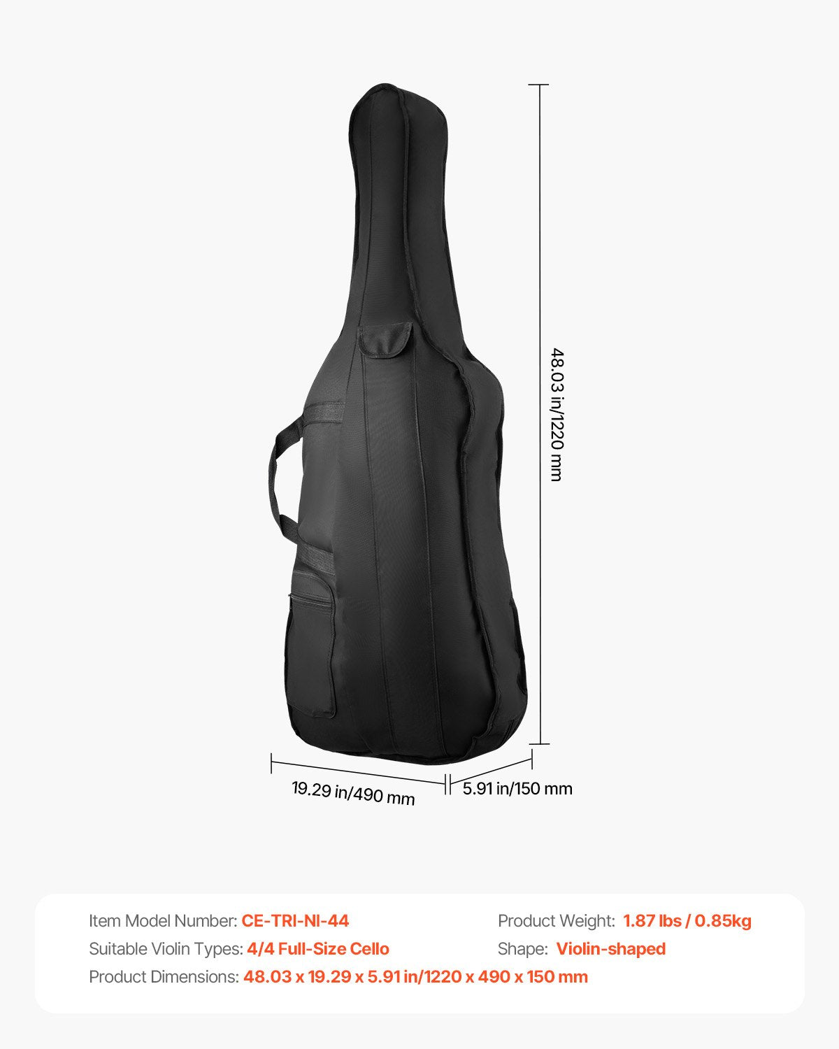 4/4 Full Size Cello Case, Lightweight Waterproof Nylon with Dual Straps, Anti-Scratch, Travel-Friendly Cello Bag, Black