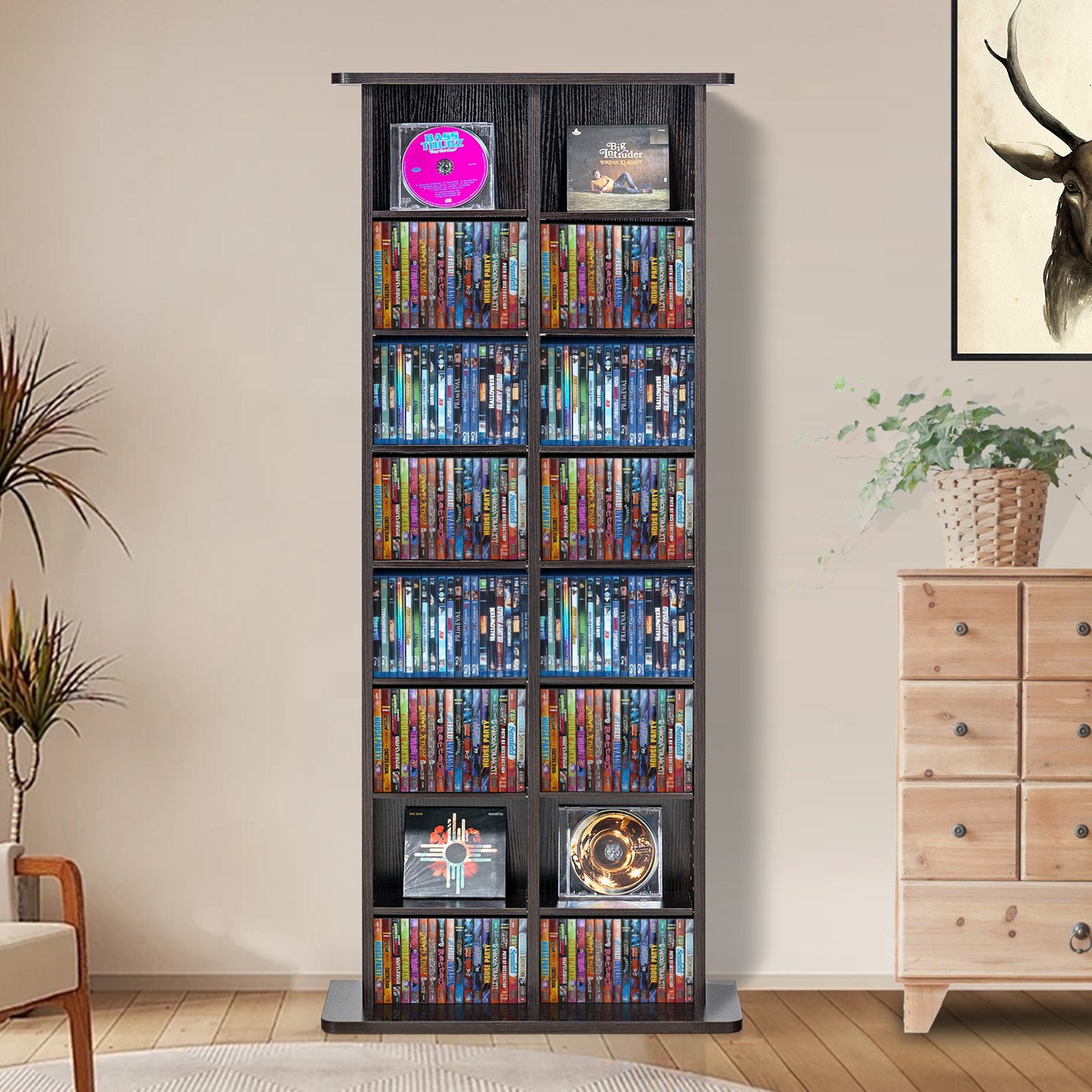 Espresso Media Storage Cabinet with 8 Adjustable DVD Shelves, 16 Compartments for CDs, Movies, Games, Anti-tip Design, Holds 464 CDs