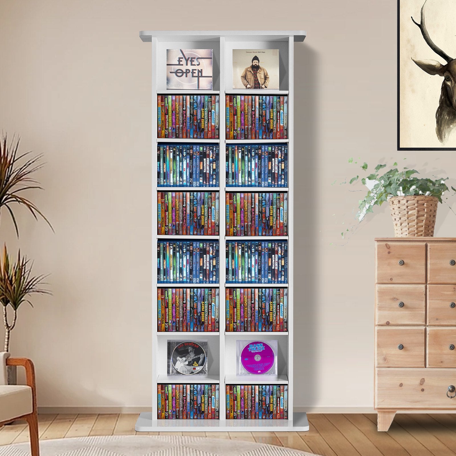 White Media Storage Cabinet with 8 Adjustable Shelves for 464 CDs, Organizes Music, Movies, Video Games & Memorabilia Collections