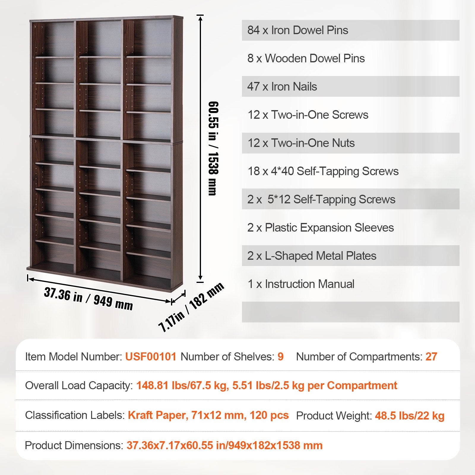 Espresso 9-Layer Media Storage Cabinet with Adjustable 27 Compartments for CDs, DVDs, Video Games, and Memorabilia Organization