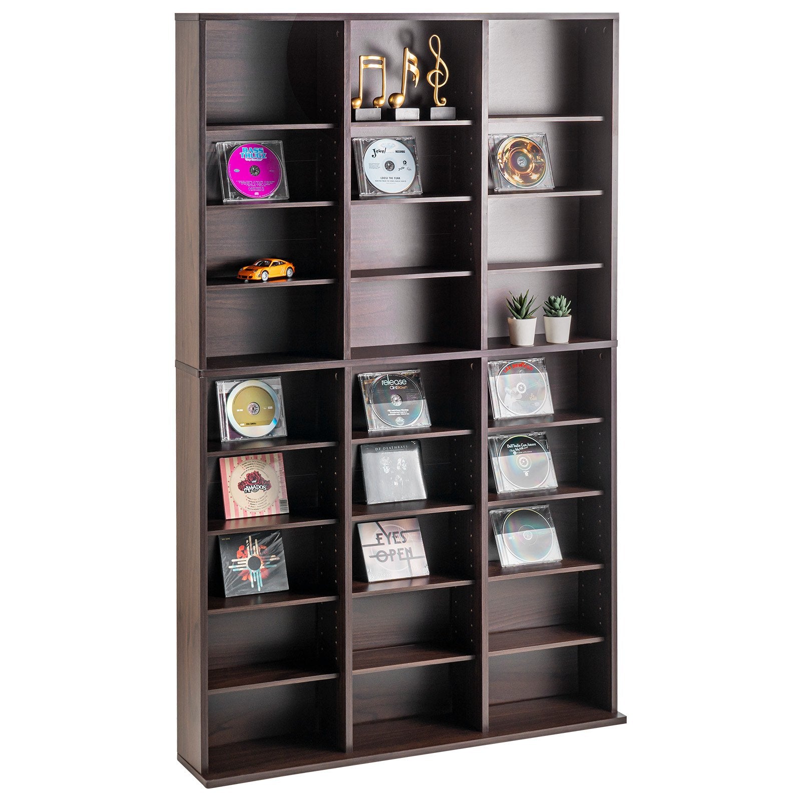 Espresso 9-Layer Media Storage Cabinet with Adjustable 27 Compartments for CDs, DVDs, Video Games, and Memorabilia Organization