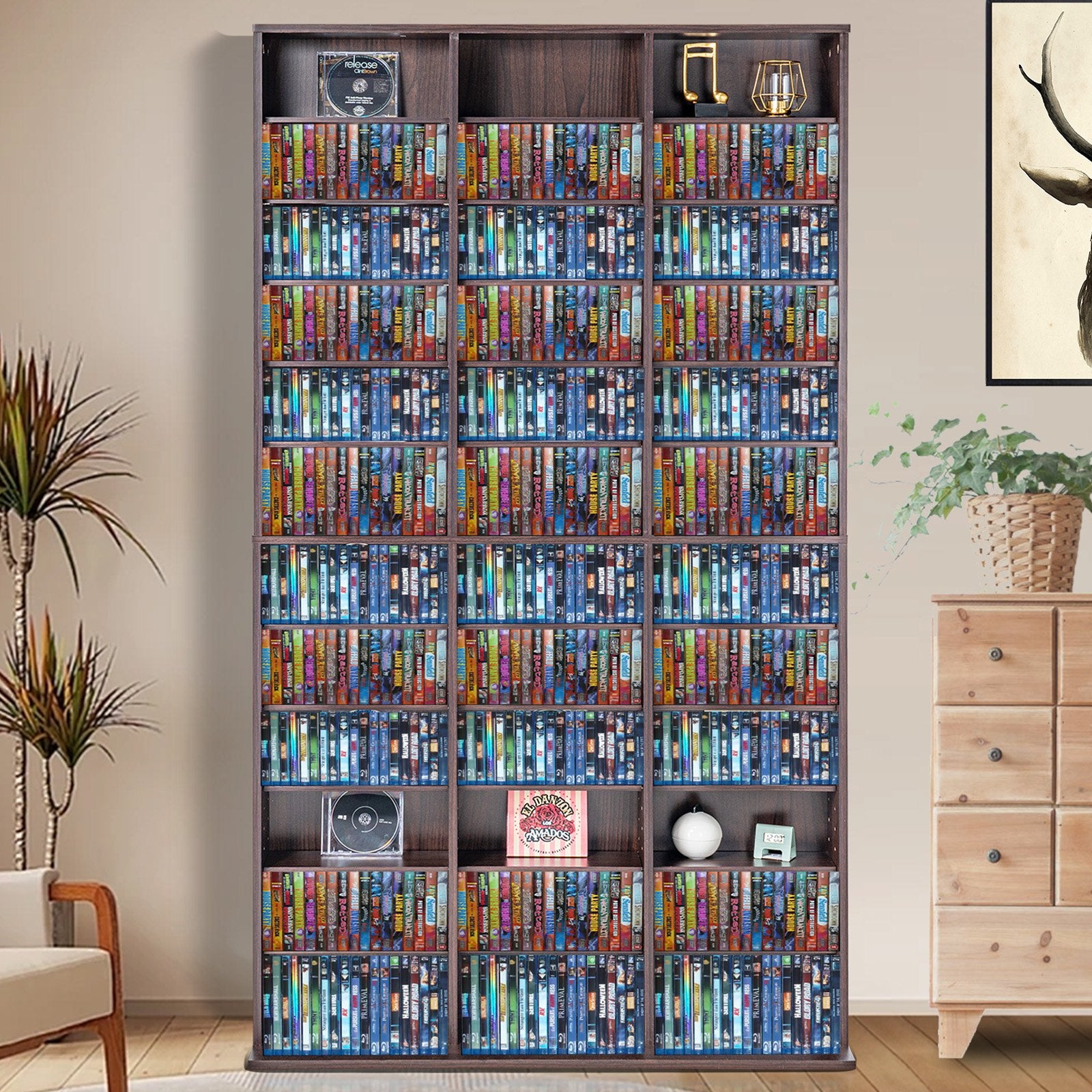 Espresso Media Storage Cabinet with Adjustable Shelves, 1080 CD Capacity, Anti-tip Design for Music, Movies, Games & Memorabilia Organization