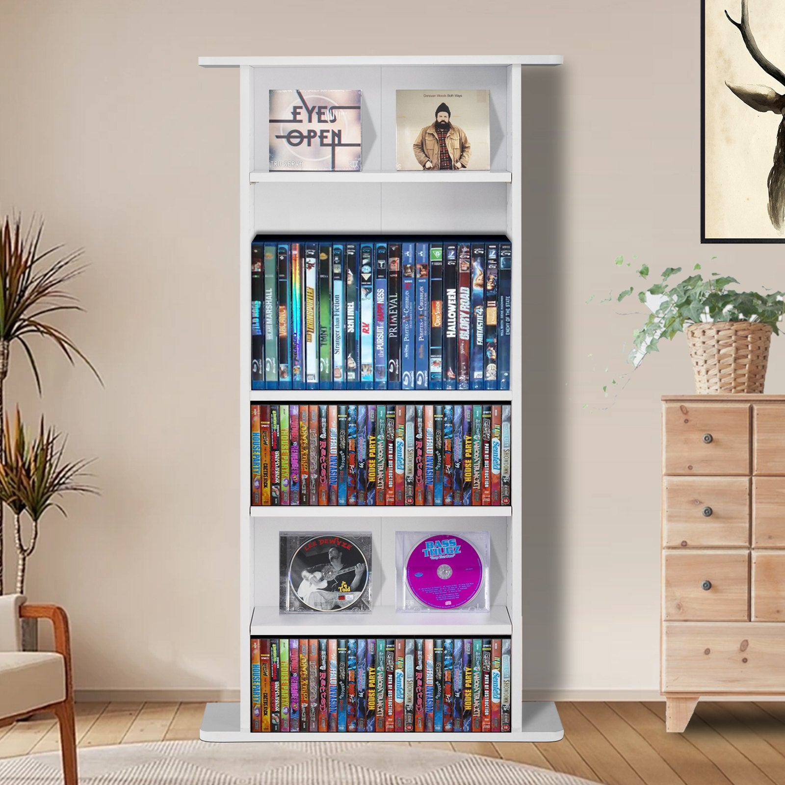 5-Layer White Media Storage Cabinet - Adjustable CD/DVD Shelves for Music, Movies, Video Games, and Memorabilia Collection, Holds 240+ Items with Anti-Tip Safety Design, Sturdy and Easy to Install.