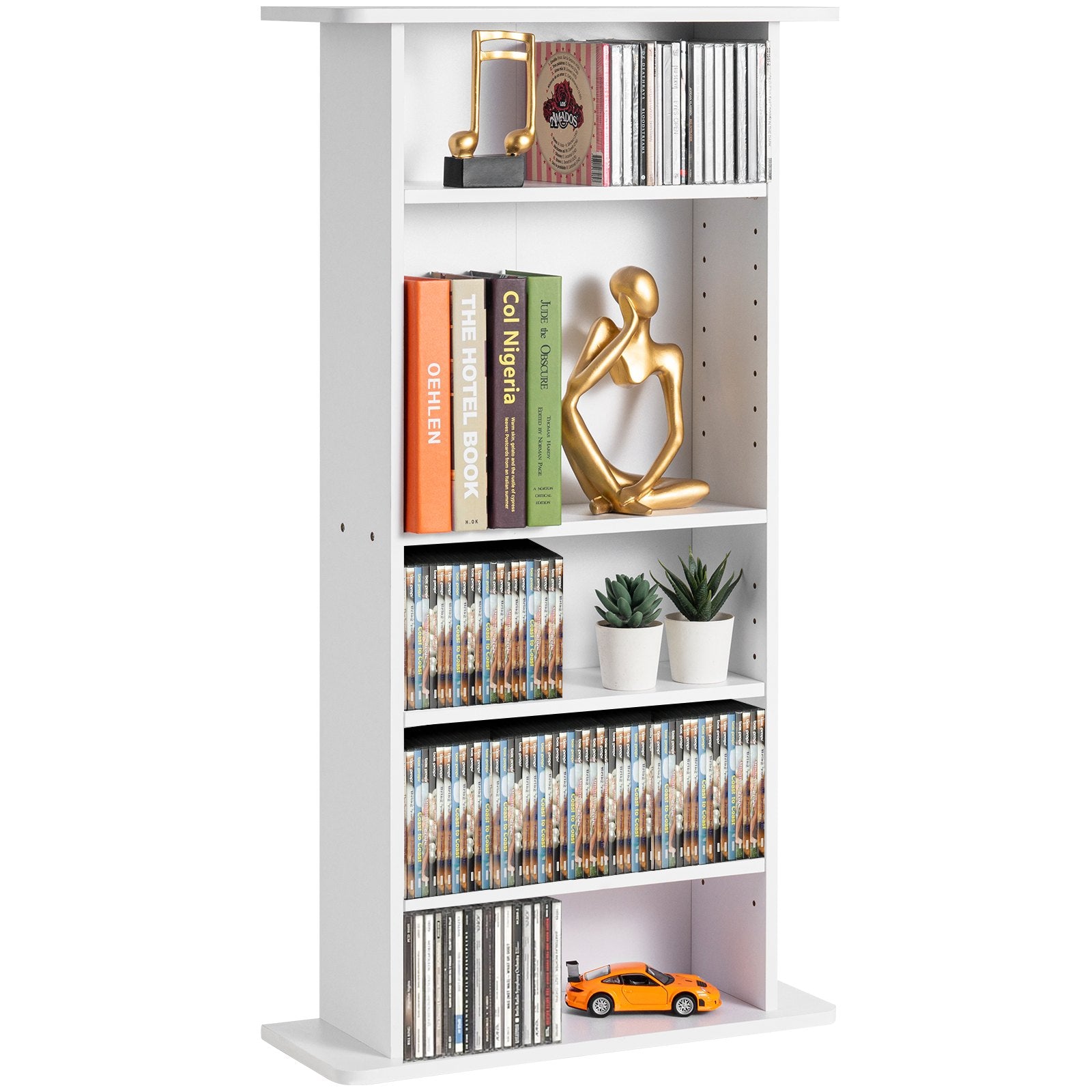 5-Layer White Media Storage Cabinet - Adjustable CD/DVD Shelves for Music, Movies, Video Games, and Memorabilia Collection, Holds 240+ Items with Anti-Tip Safety Design, Sturdy and Easy to Install.