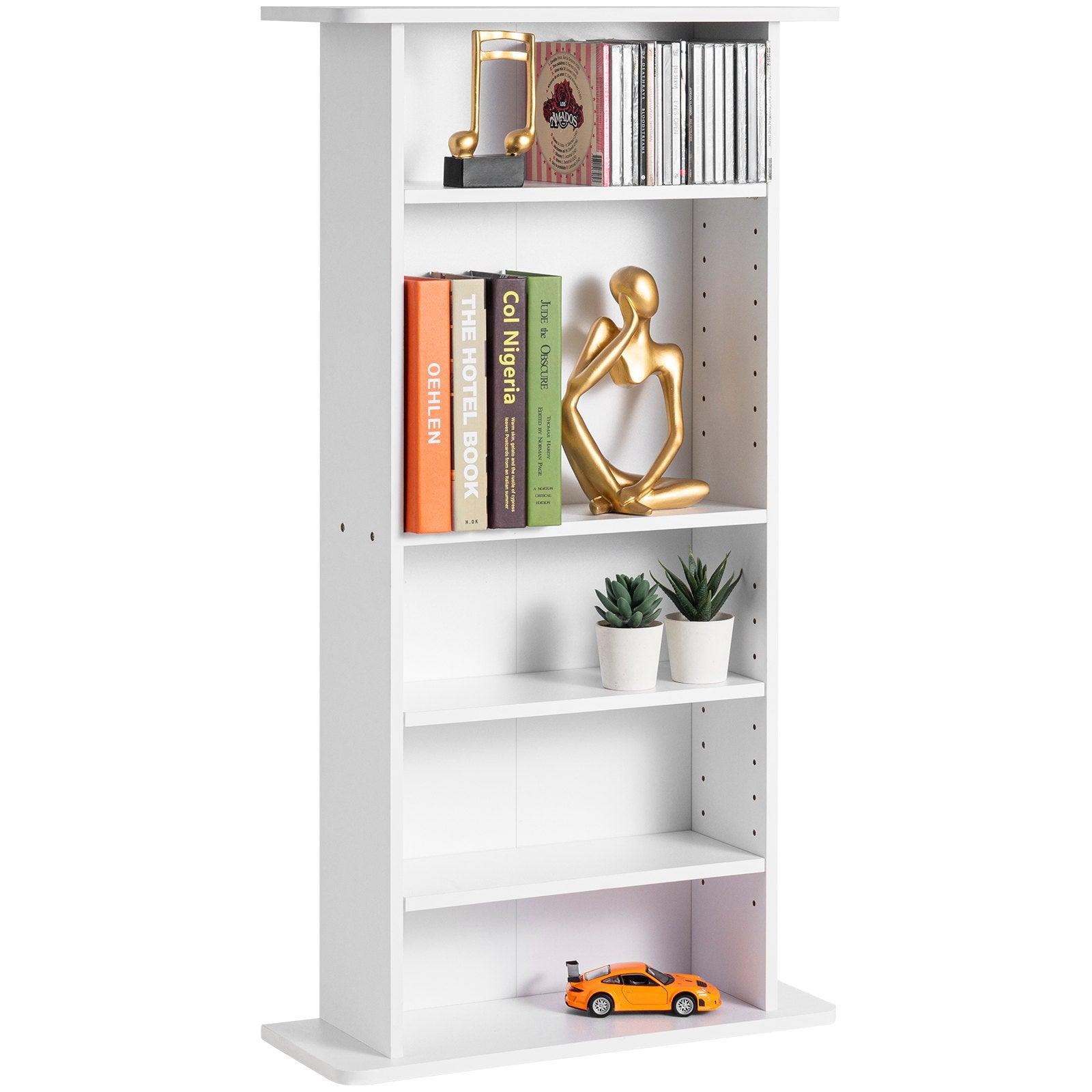5-Layer White Media Storage Cabinet - Adjustable CD/DVD Shelves for Music, Movies, Video Games, and Memorabilia Collection, Holds 240+ Items with Anti-Tip Safety Design, Sturdy and Easy to Install.