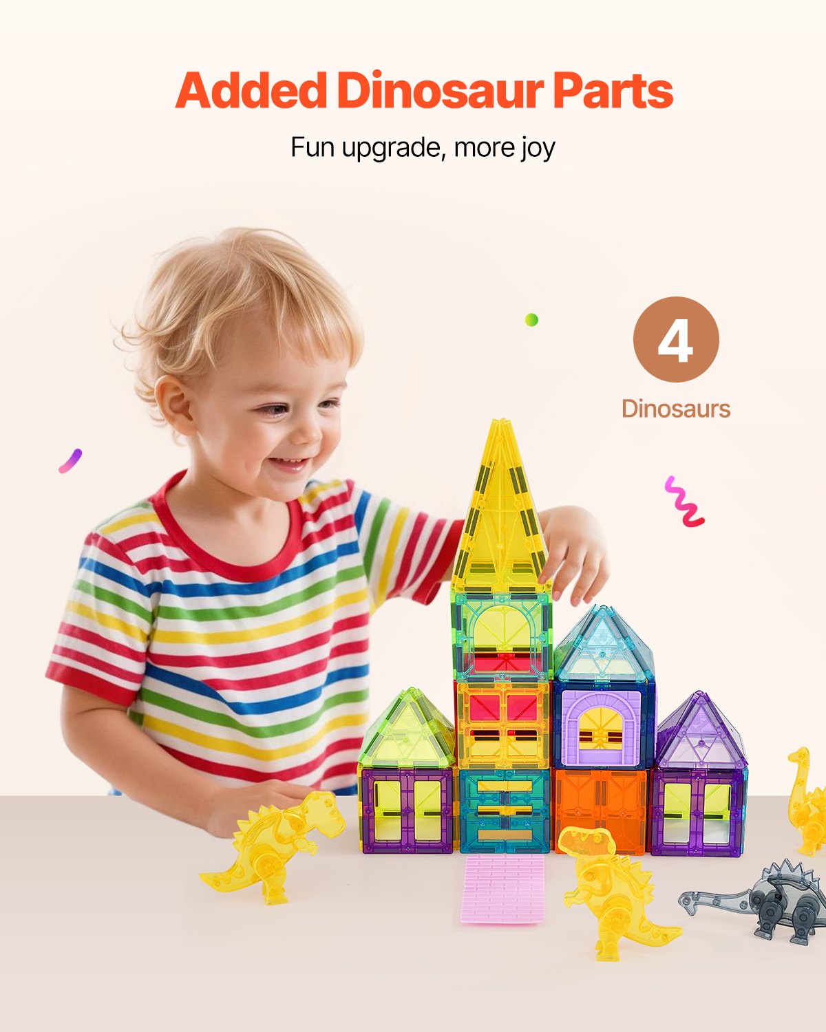 Magnetic Tiles Set for Kids - 56 PCS with 4 Dinosaur Figures, STEM Educational Building Blocks, Sensory Stacking Toys for Toddlers 3+, Safe & Durable Construction with Strong Magnets, Perfect Gift for Boys & Girls