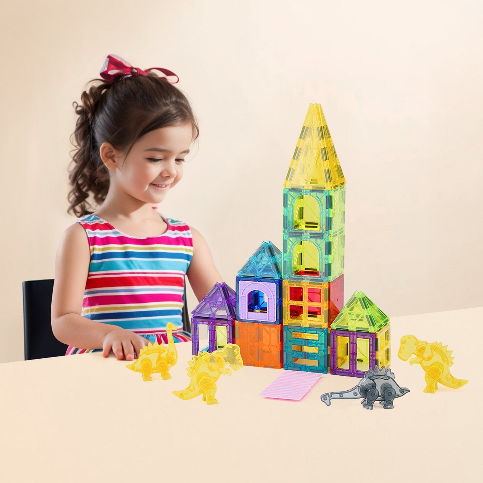 Magnetic Tiles Set for Kids - 56 PCS with 4 Dinosaur Figures, STEM Educational Building Blocks, Sensory Stacking Toys for Toddlers 3+, Safe & Durable Construction with Strong Magnets, Perfect Gift for Boys & Girls