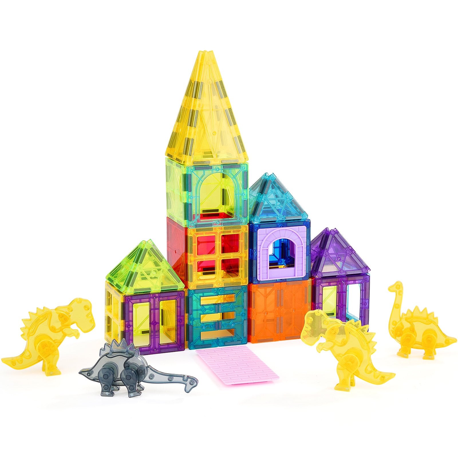 Magnetic Tiles Set for Kids - 56 PCS with 4 Dinosaur Figures, STEM Educational Building Blocks, Sensory Stacking Toys for Toddlers 3+, Safe & Durable Construction with Strong Magnets, Perfect Gift for Boys & Girls