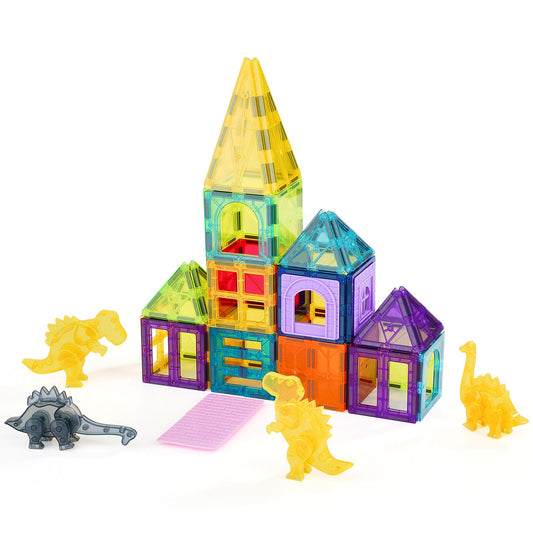 Magnetic Tiles Set for Kids - 56 PCS with 4 Dinosaur Figures, STEM Educational Building Blocks, Sensory Stacking Toys for Toddlers 3+, Safe & Durable Construction with Strong Magnets, Perfect Gift for Boys & Girls