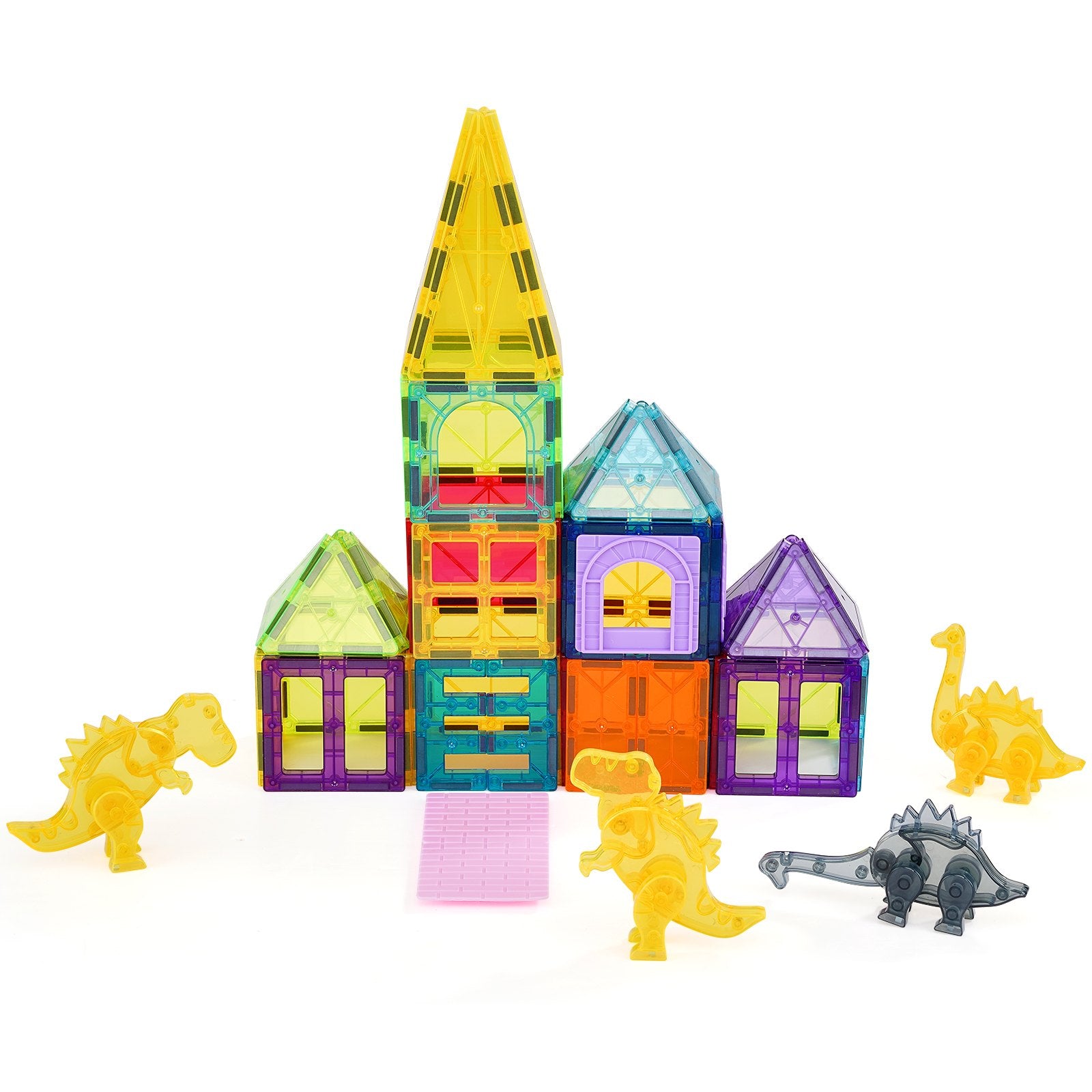 Magnetic Tiles Set for Kids - 56 PCS with 4 Dinosaur Figures, STEM Educational Building Blocks, Sensory Stacking Toys for Toddlers 3+, Safe & Durable Construction with Strong Magnets, Perfect Gift for Boys & Girls
