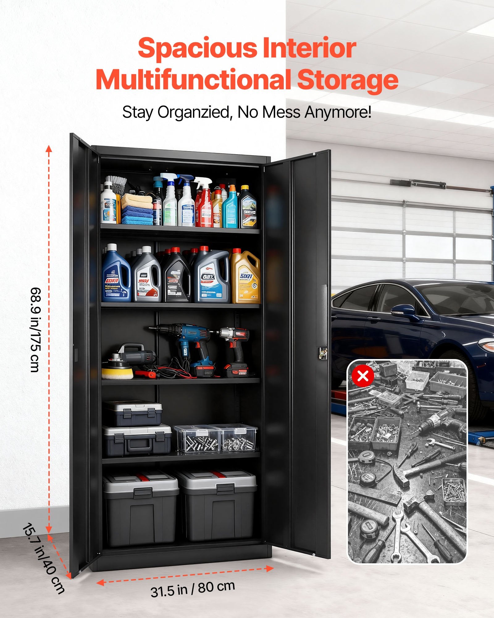 Black Lockable Steel Storage Cabinet with 5 Tiers, 4 Adjustable Shelves, Magnetic Doors for Garage, Office, Basement, Laundry, Warehouse Use
