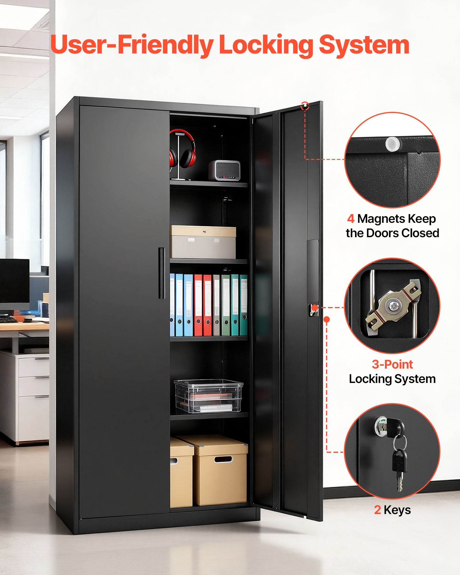 Black Lockable Steel Storage Cabinet with 5 Tiers, 4 Adjustable Shelves, Magnetic Doors for Garage, Office, Basement, Laundry, Warehouse Use