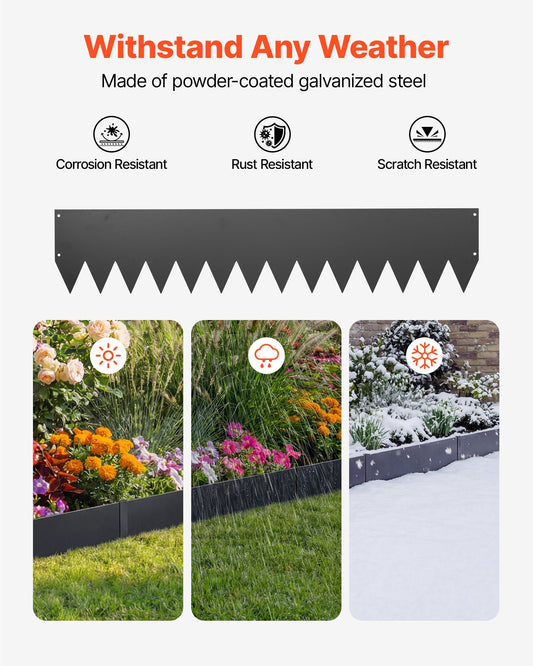 Heavy Duty Galvanized Steel Landscape Edging 24-Pack, 40x8 Inch with 26 Mounting Clips for Garden Borders, Flower Beds, Pathways, Black