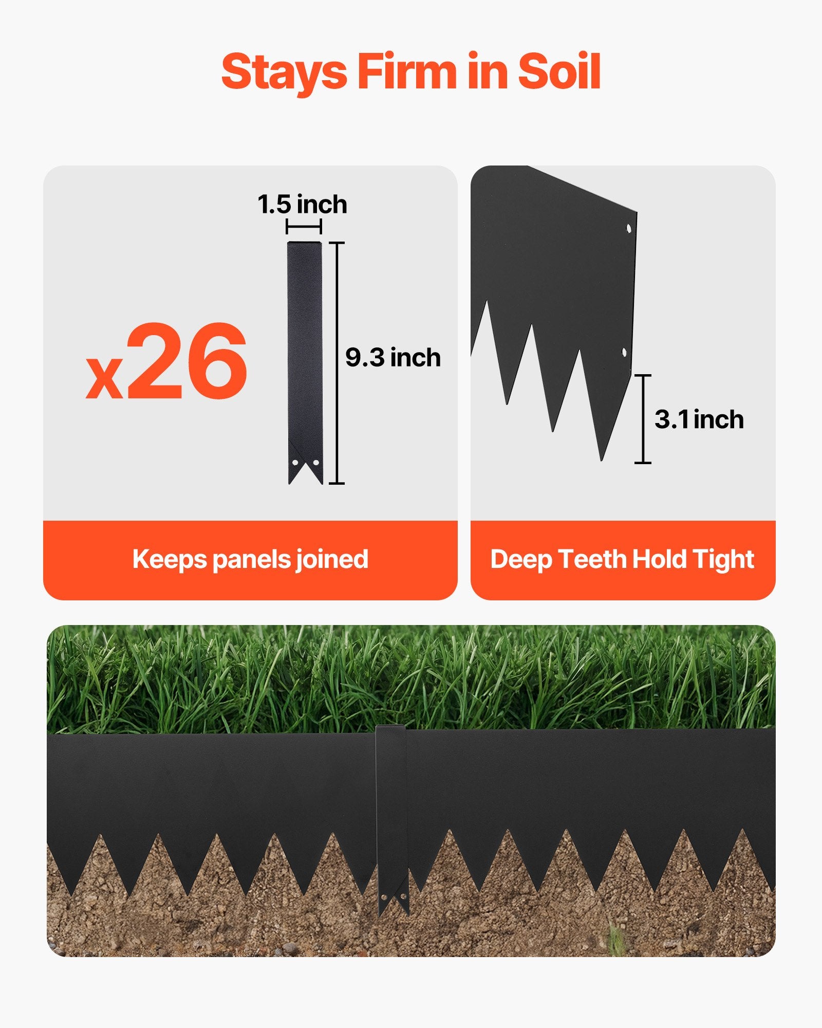 Heavy Duty Galvanized Steel Landscape Edging 24-Pack, 40x8 Inch with 26 Mounting Clips for Garden Borders, Flower Beds, Pathways, Black