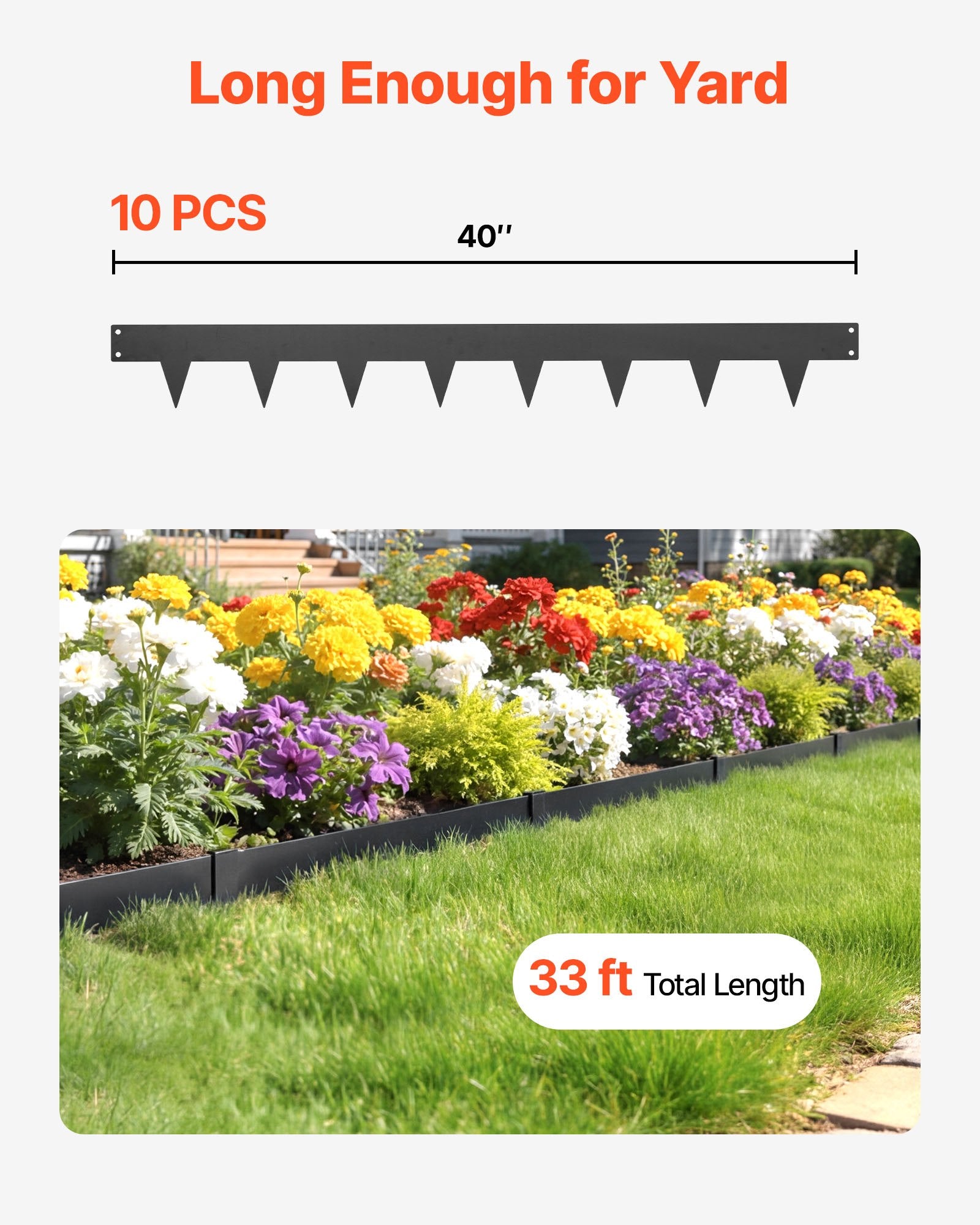 Heavy Duty Galvanized Steel Garden Edging, 10-Pack, 40x4.5 Inch with 11 Clips for Landscaping, Flower Beds, and Yard Pathways, Black Border