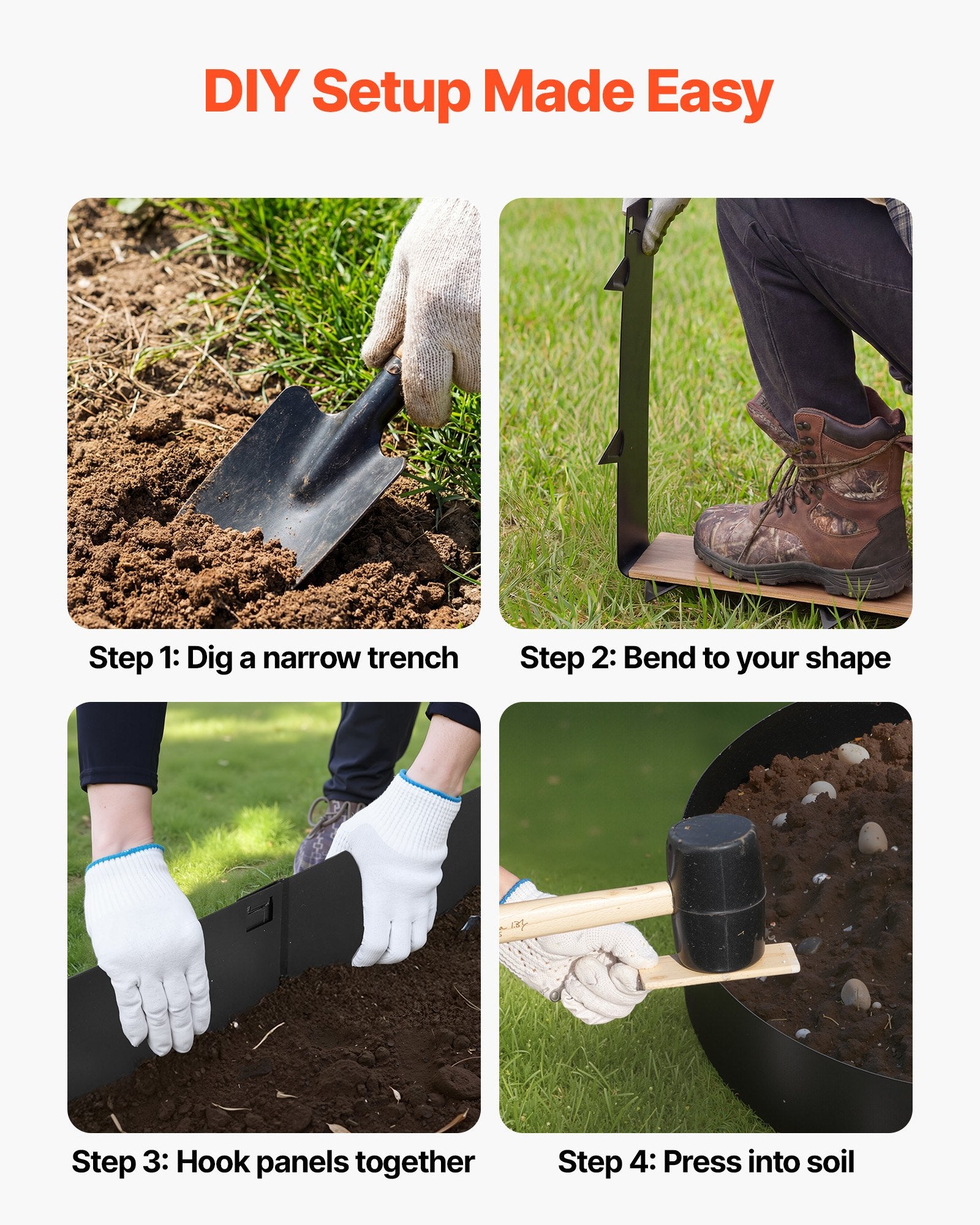 Heavy Duty Galvanized Steel Landscape Edging 6-Pack - Easy Install Metal Garden Border for Flower Beds, Yard Paths, Includes Gloves