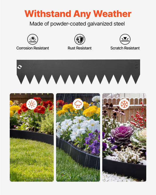 Galvanized Steel Garden Edging 6-Pack, 40x8 Inch, Bendable Metal Border for Flower Bed, Yard Pathway, Quick Install, Black Finish