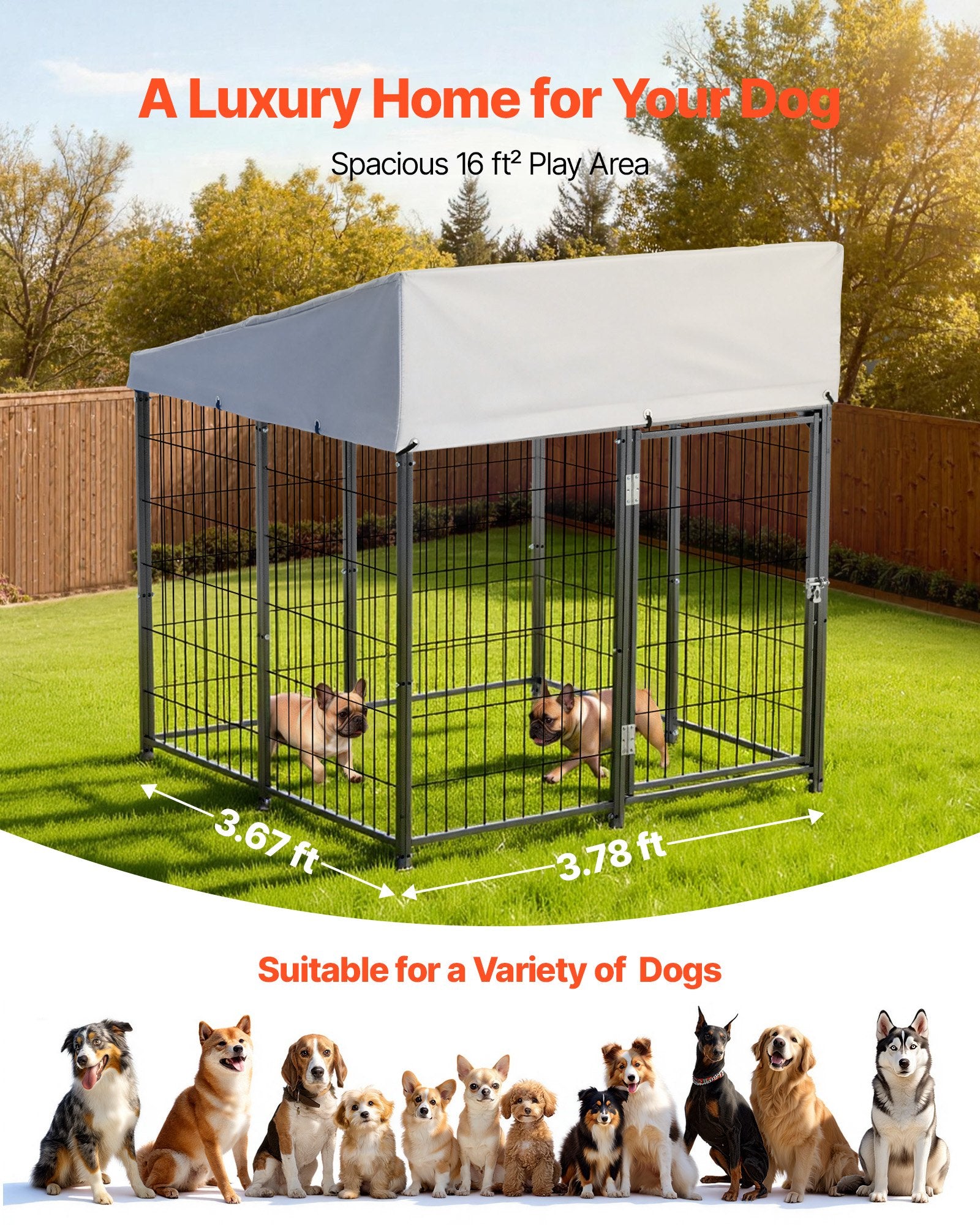Spacious Outdoor Dog Kennel with Secure Lock, UV-Resistant & Waterproof Roof, Heavy Duty Enclosure for Large Dogs, Easy Install, All-Weather Protection