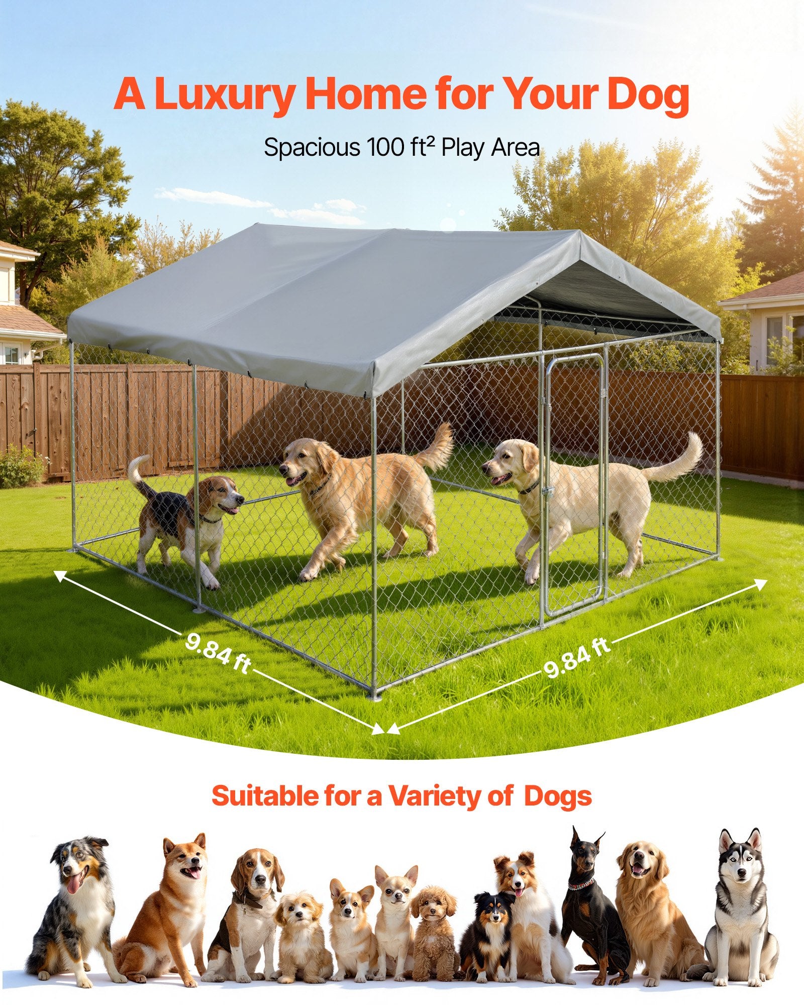 Spacious Outdoor Dog Kennel 9.84 x 9.84 x 7.05 ft with Secure Lock, UV-Resistant Roof, Waterproof & Heavy Duty Pet Crate for Large Dogs