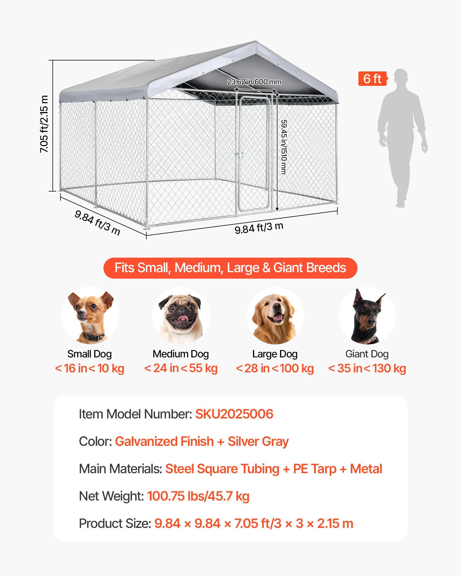 Spacious Outdoor Dog Kennel 9.84 x 9.84 x 7.05 ft with Secure Lock, UV-Resistant Roof, Waterproof & Heavy Duty Pet Crate for Large Dogs