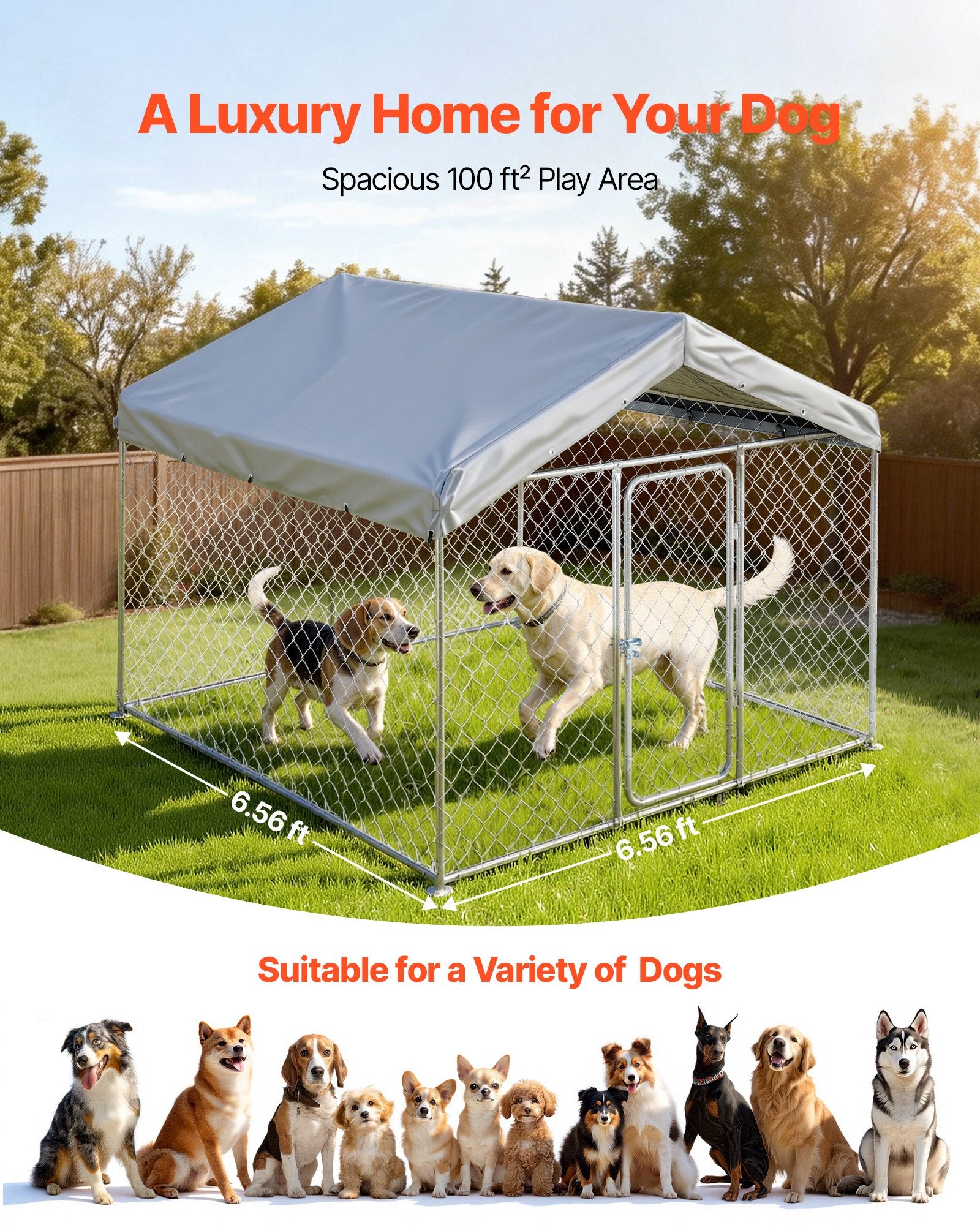 Spacious Outdoor Dog Kennel with Secure Lock, Weatherproof Roof, Heavy Duty Cage for Large Dogs - All-Weather, UV-Resistant, Easy Install