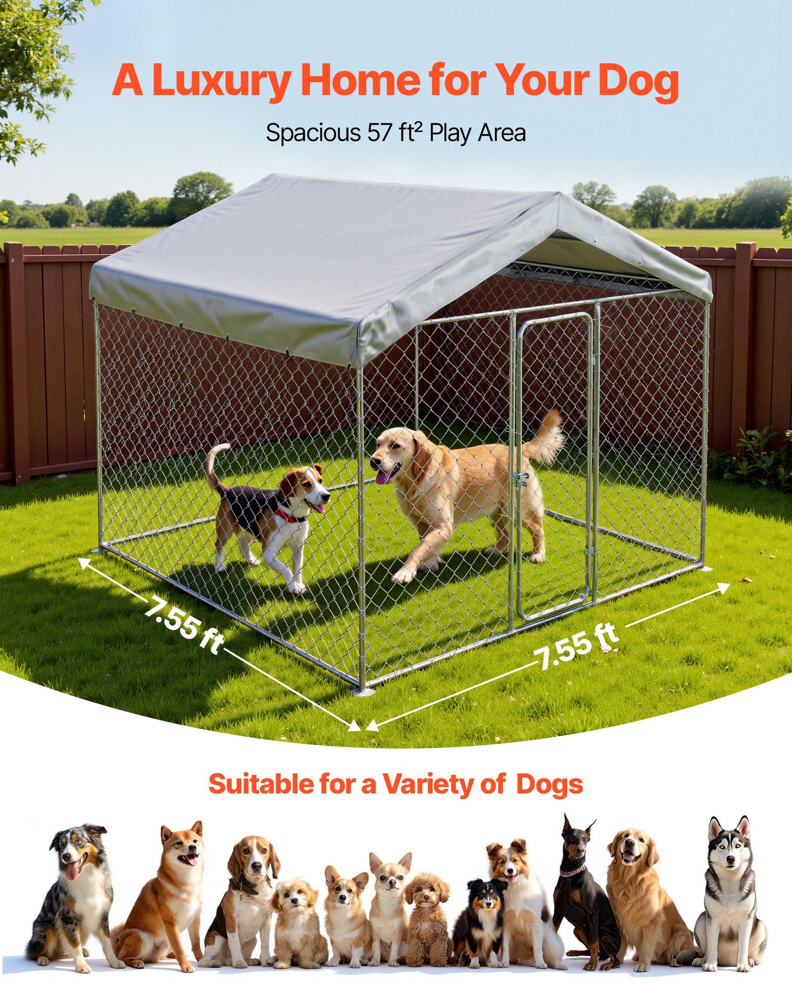 Spacious & Secure Outdoor Dog Kennel 7.55 x 7.55 x 7.05 ft with Lock, UV-Resistant Waterproof Roof, Heavy Duty Cage for Large Dogs, Weatherproof Pet Enclosure