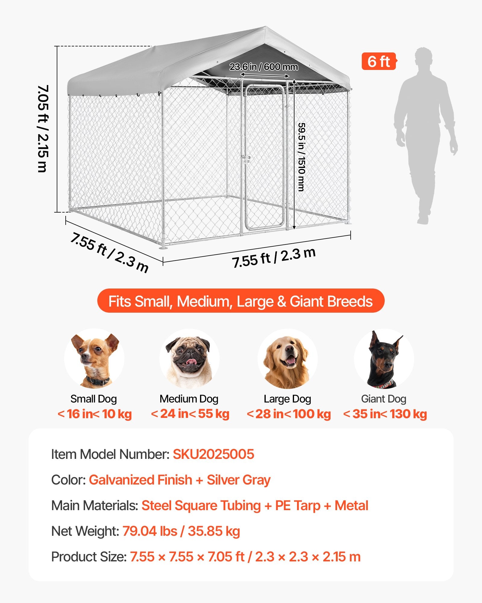 Spacious & Secure Outdoor Dog Kennel 7.55 x 7.55 x 7.05 ft with Lock, UV-Resistant Waterproof Roof, Heavy Duty Cage for Large Dogs, Weatherproof Pet Enclosure