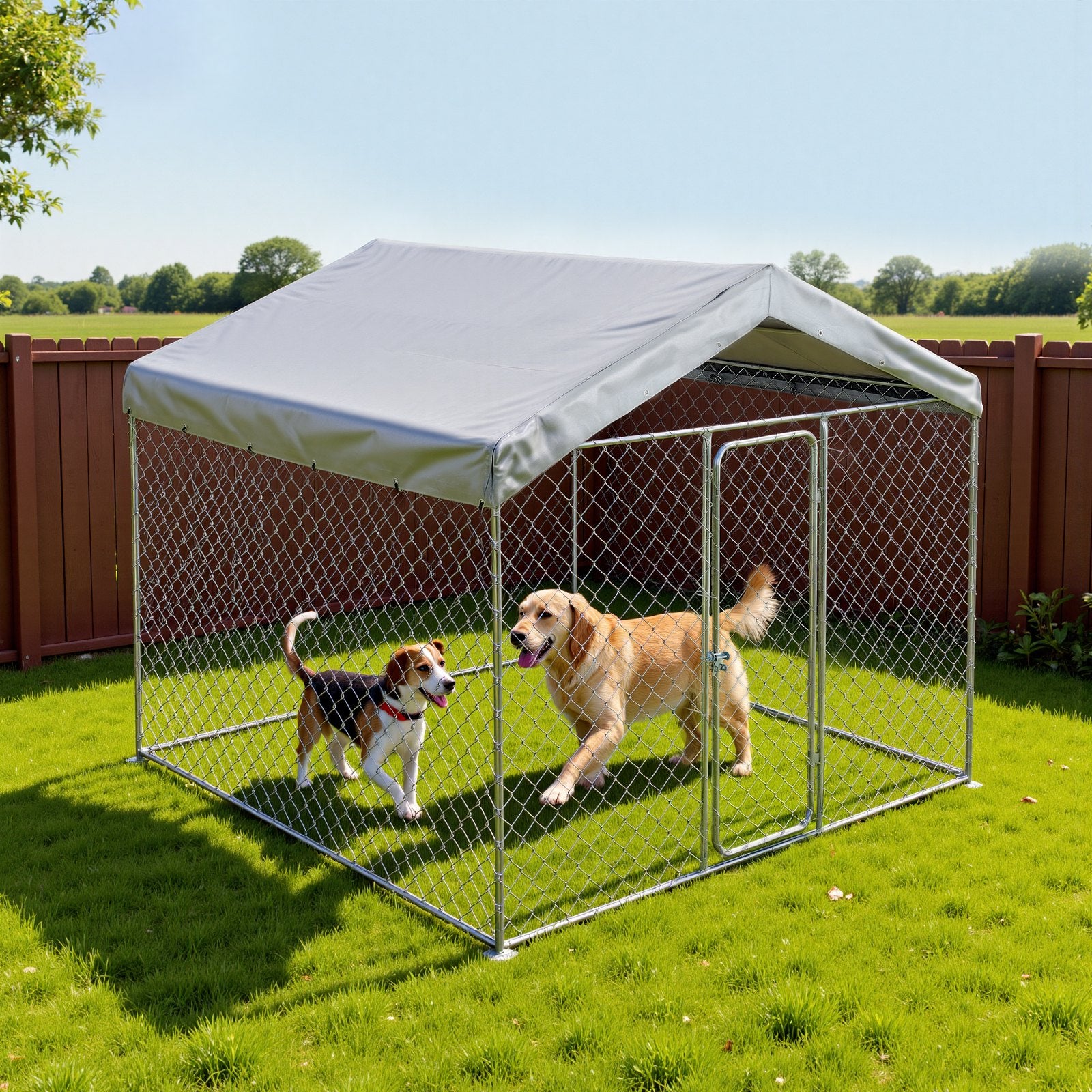 Spacious & Secure Outdoor Dog Kennel 7.55 x 7.55 x 7.05 ft with Lock, UV-Resistant Waterproof Roof, Heavy Duty Cage for Large Dogs, Weatherproof Pet Enclosure