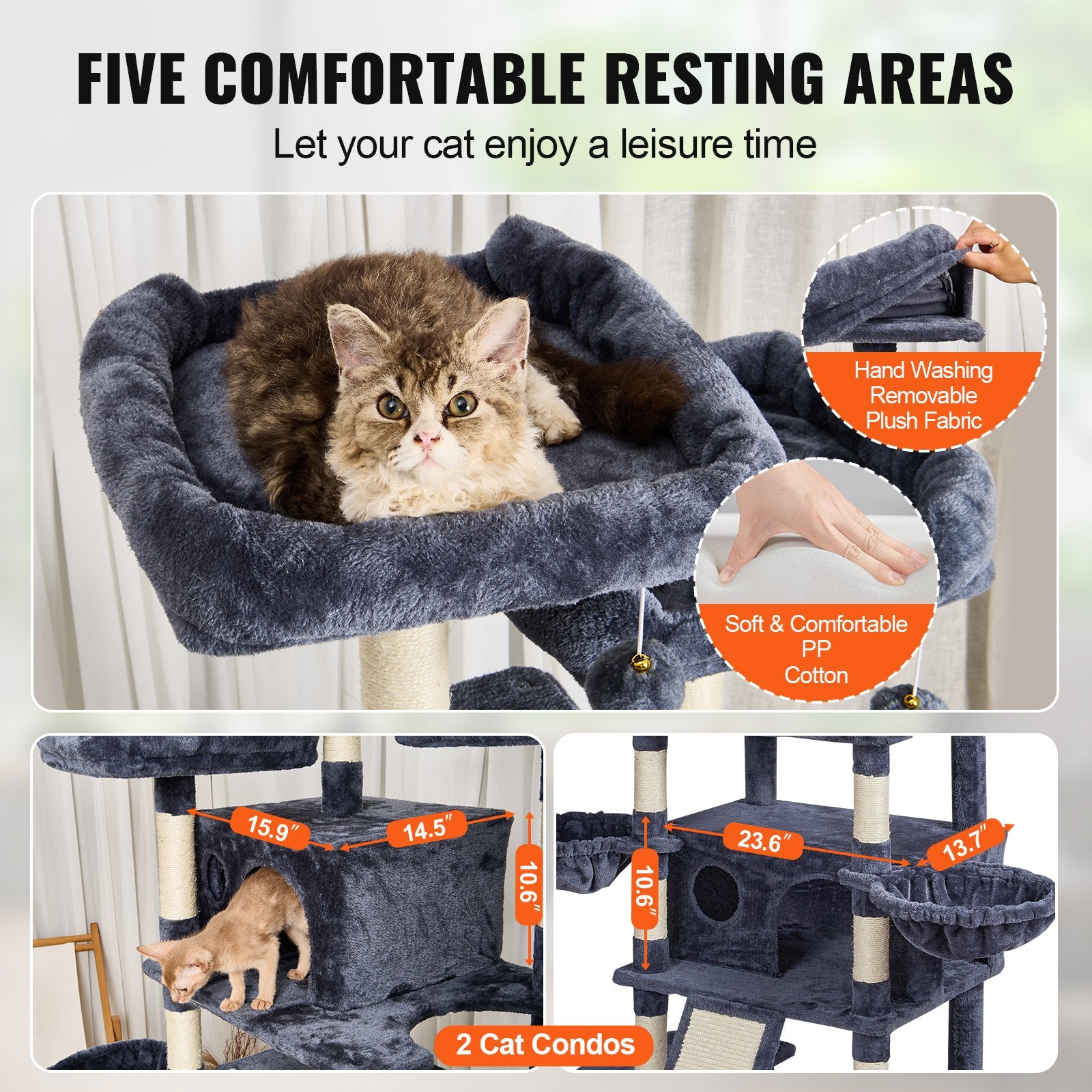 68.5" Indoor Cat Tree Tower with Dual Condos, Sisal Scratching Posts, Hammocks, Perches, Ramps, Play Platforms, Hang Balls, Dark Grey