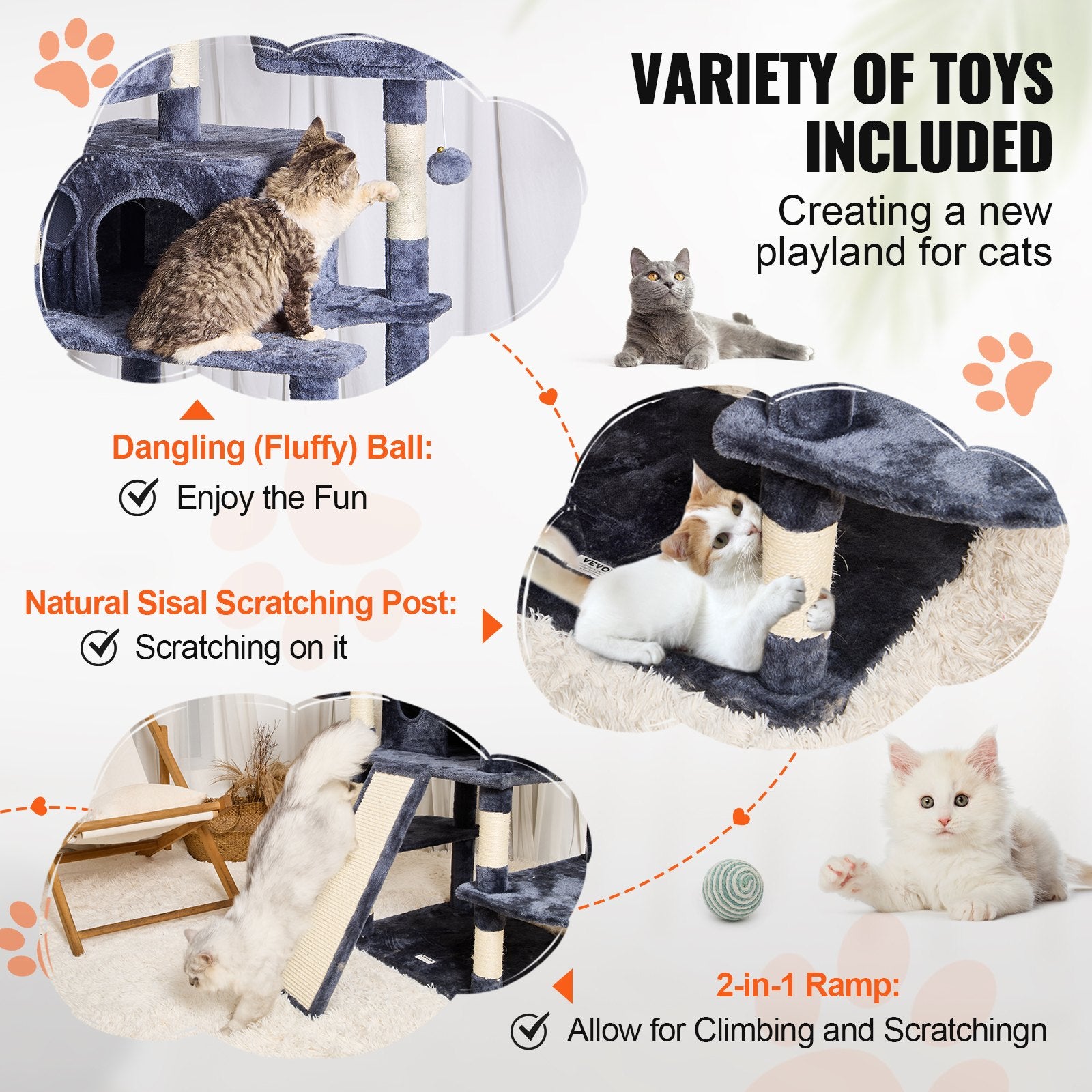 68.5" Indoor Cat Tree Tower with Dual Condos, Sisal Scratching Posts, Hammocks, Perches, Ramps, Play Platforms, Hang Balls, Dark Grey