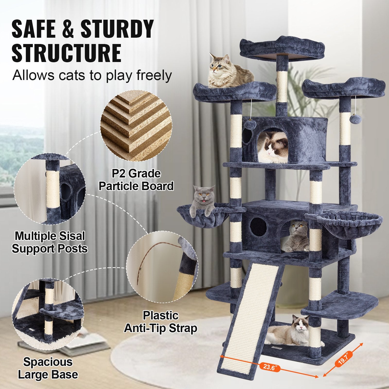 68.5" Indoor Cat Tree Tower with Dual Condos, Sisal Scratching Posts, Hammocks, Perches, Ramps, Play Platforms, Hang Balls, Dark Grey