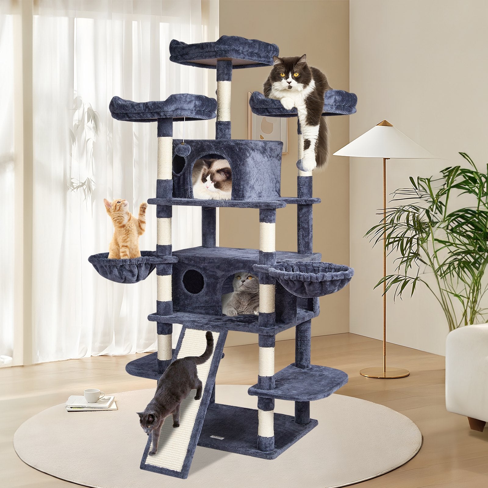 68.5" Indoor Cat Tree Tower with Dual Condos, Sisal Scratching Posts, Hammocks, Perches, Ramps, Play Platforms, Hang Balls, Dark Grey
