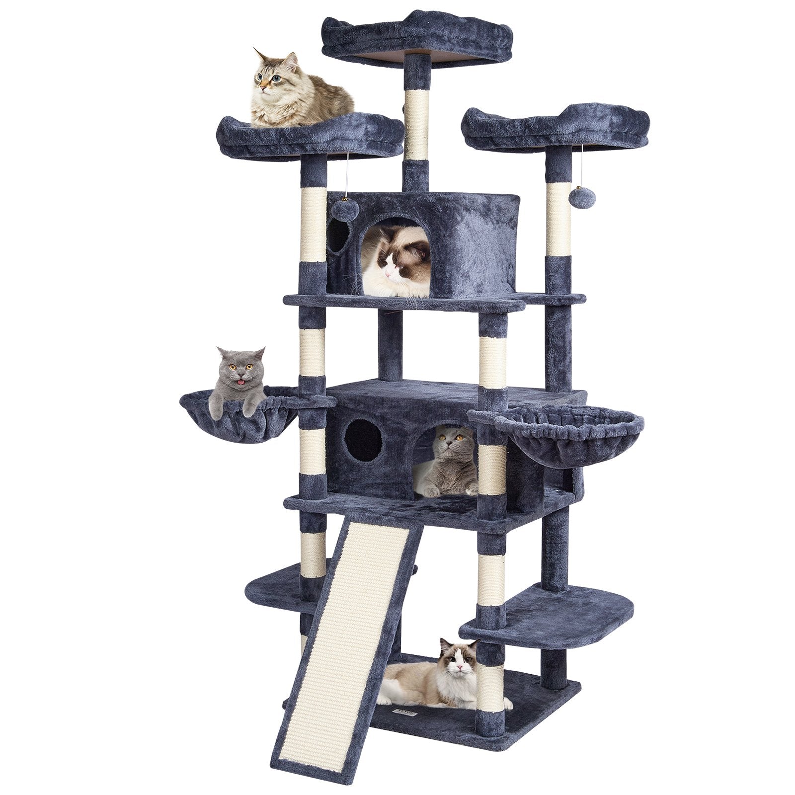 68.5" Indoor Cat Tree Tower with Dual Condos, Sisal Scratching Posts, Hammocks, Perches, Ramps, Play Platforms, Hang Balls, Dark Grey