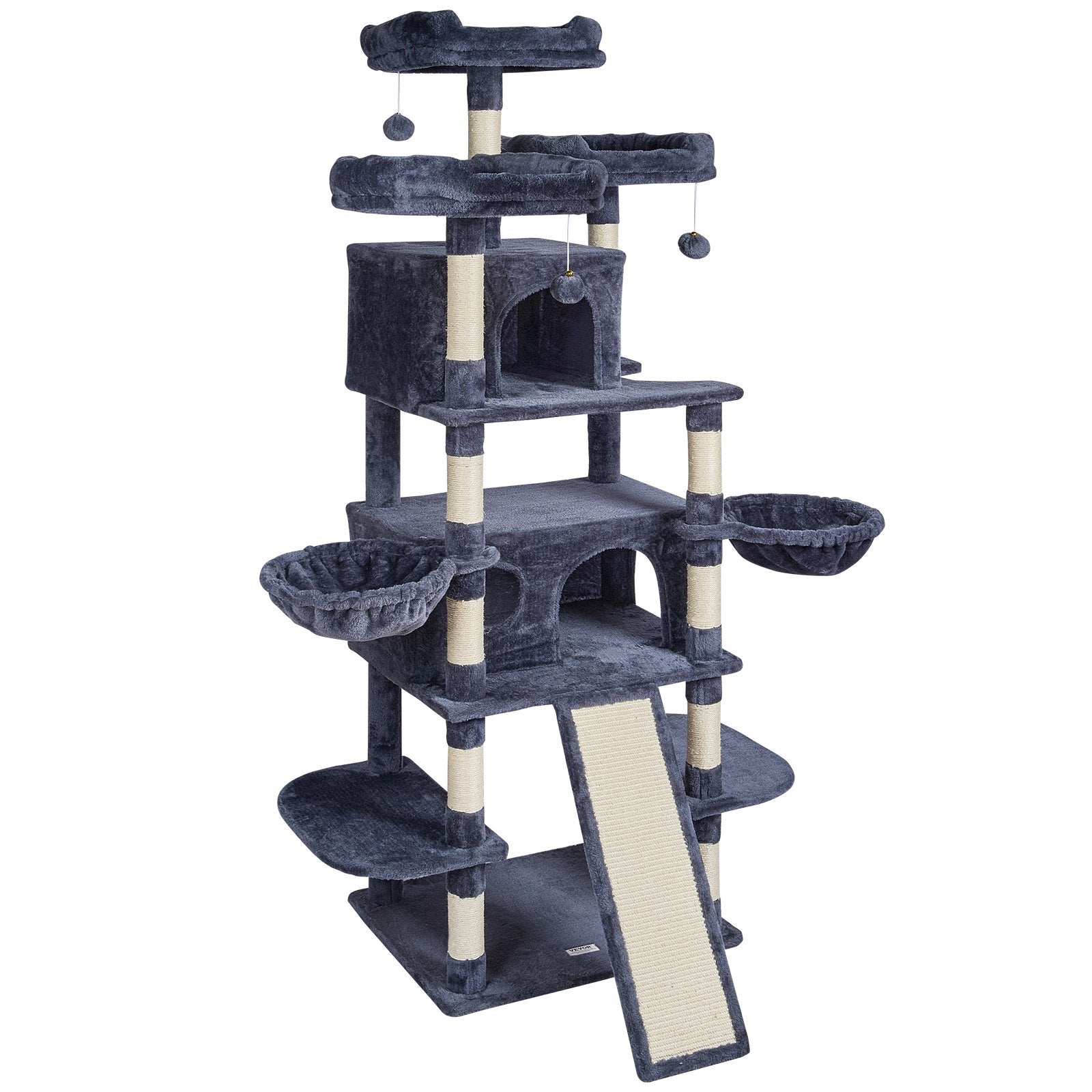 68.5" Indoor Cat Tree Tower with Dual Condos, Sisal Scratching Posts, Hammocks, Perches, Ramps, Play Platforms, Hang Balls, Dark Grey