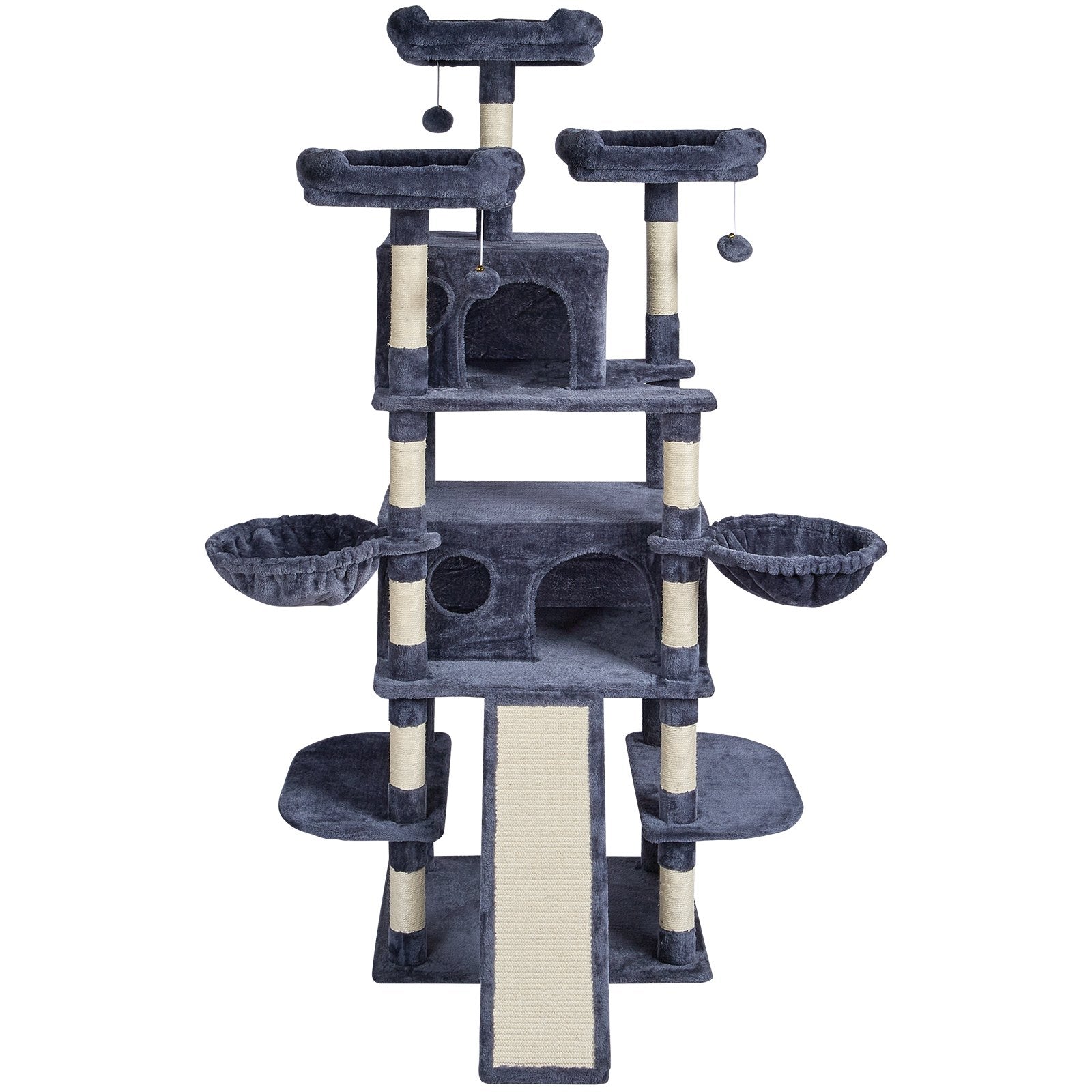 68.5" Indoor Cat Tree Tower with Dual Condos, Sisal Scratching Posts, Hammocks, Perches, Ramps, Play Platforms, Hang Balls, Dark Grey