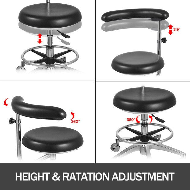 Ergonomic Medical Dental Stool with 360° Rotating Armrest, Adjustable PU Leather Seat, Aluminum Base, Mute Casters for Clinics
