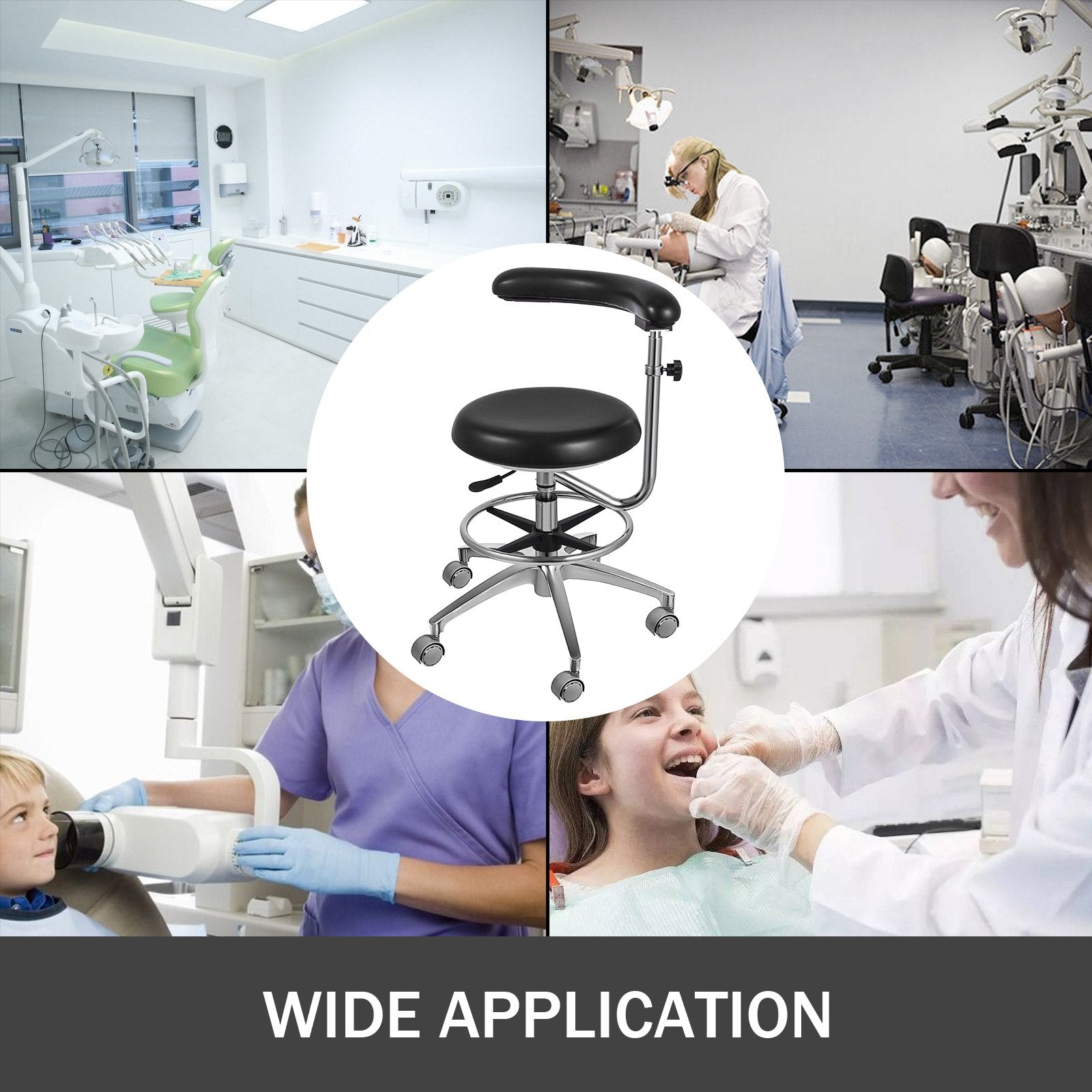 Ergonomic Medical Dental Stool with 360° Rotating Armrest, Adjustable PU Leather Seat, Aluminum Base, Mute Casters for Clinics