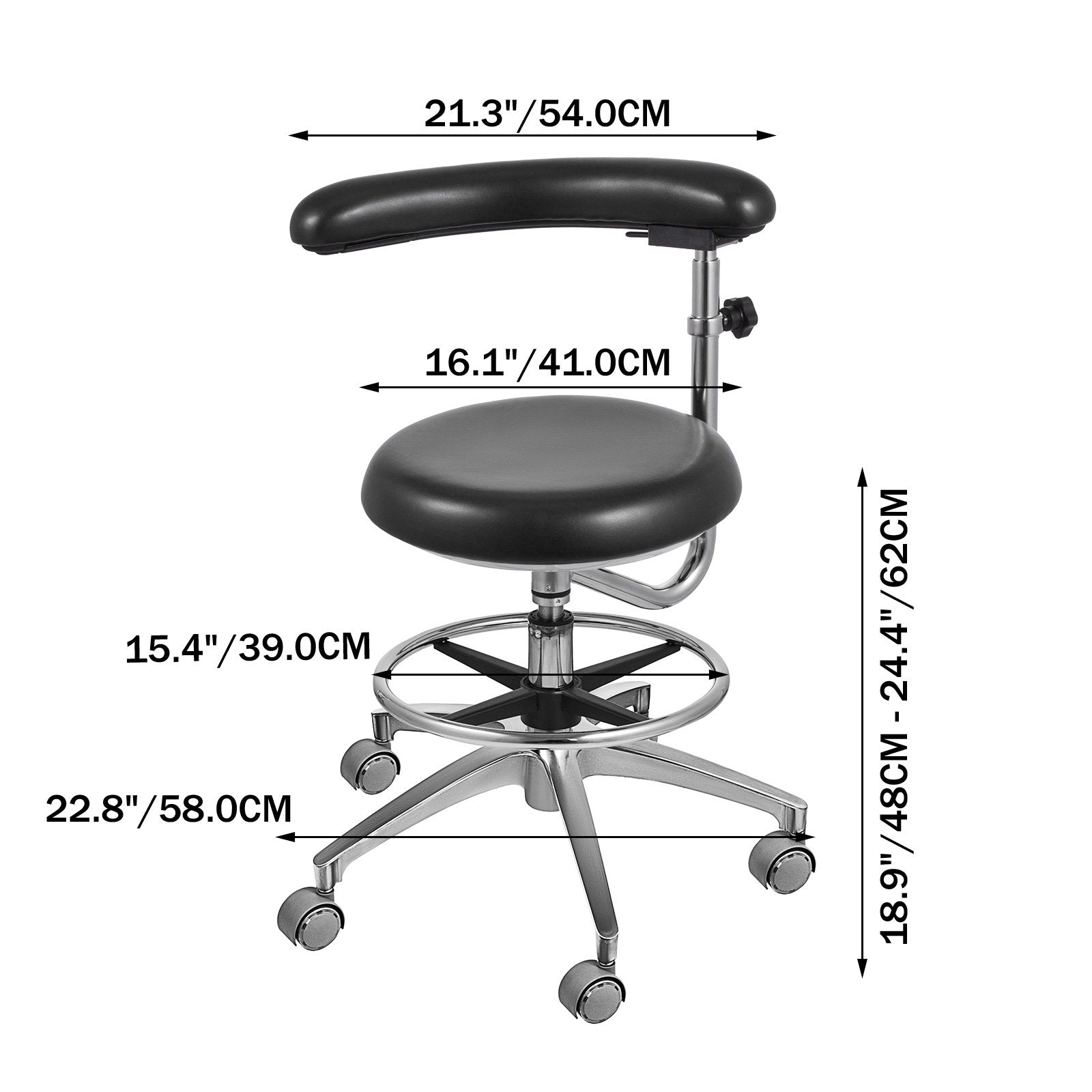 Ergonomic Medical Dental Stool with 360° Rotating Armrest, Adjustable PU Leather Seat, Aluminum Base, Mute Casters for Clinics