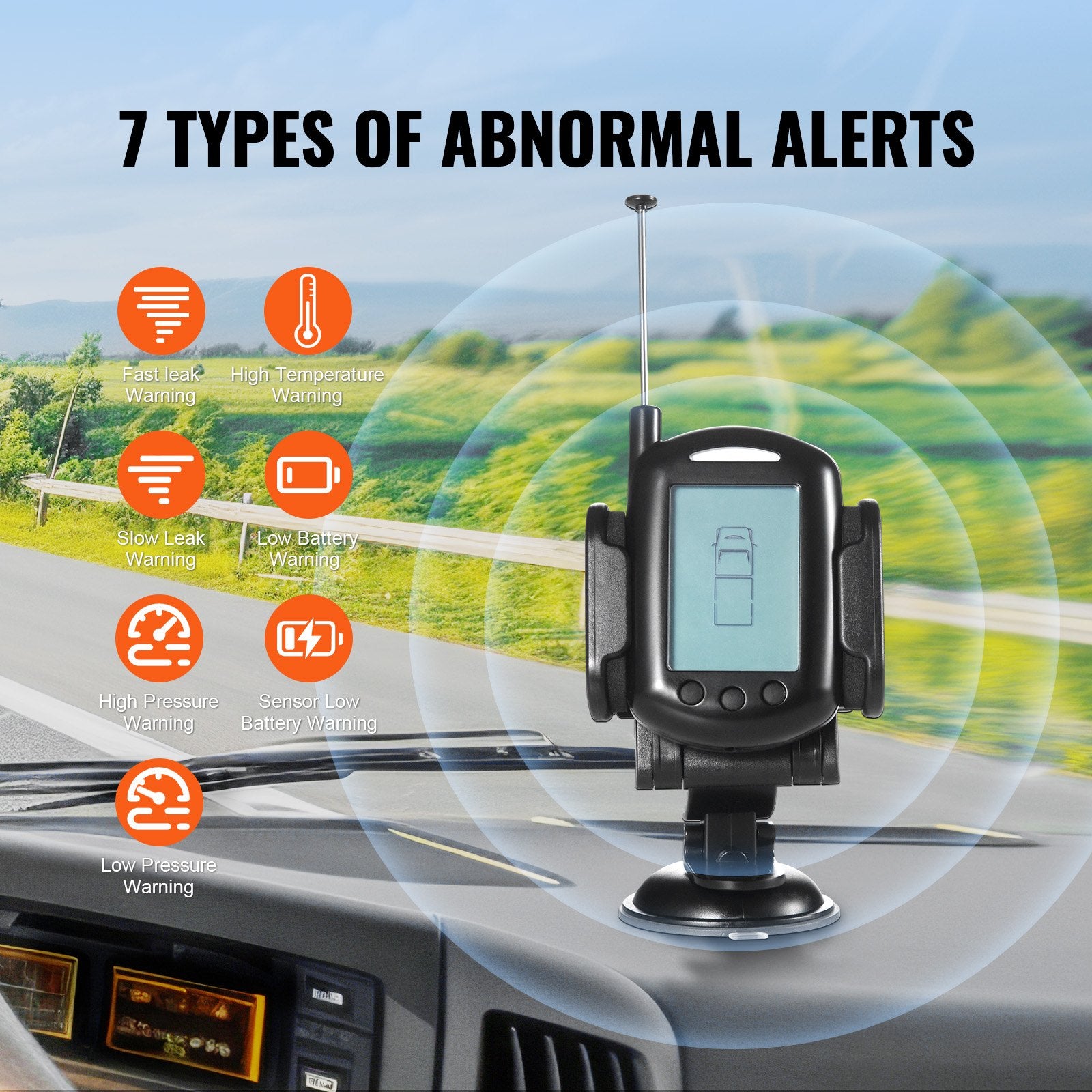 Universal Wireless RV Tire Pressure Monitoring System with 6 Durable Waterproof Sensors, 0-199 PSI, Real-Time Display & 7 Alarm Modes