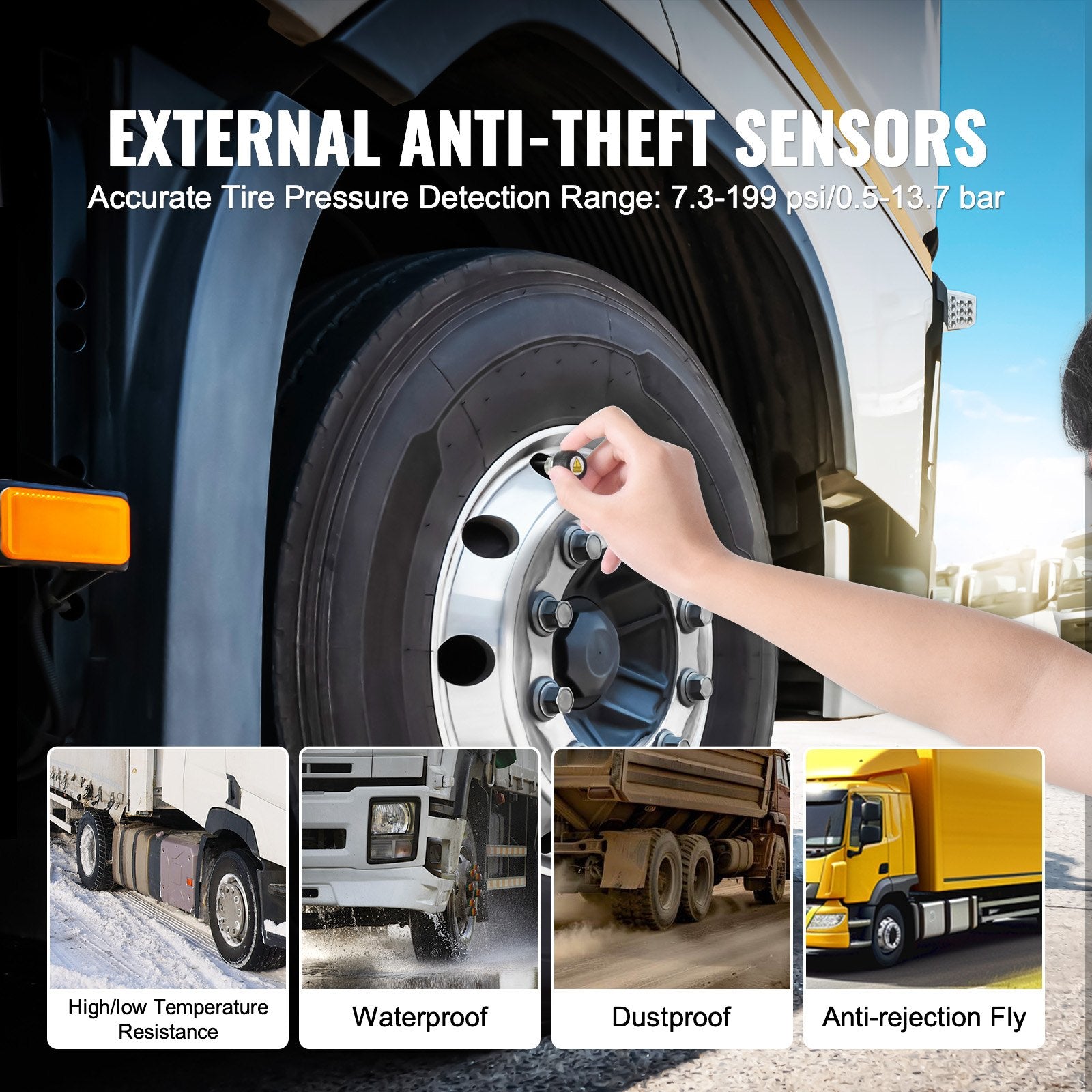 Universal Wireless RV Tire Pressure Monitoring System with 6 Durable Waterproof Sensors, 0-199 PSI, Real-Time Display & 7 Alarm Modes