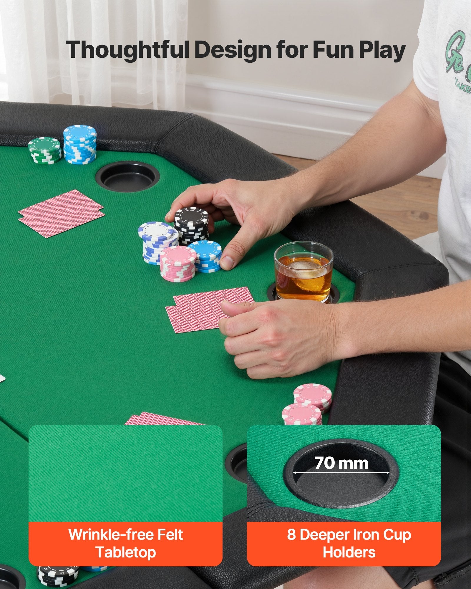 Octagonal 8-Player Foldable Poker Table with Padded Rails, Cup Holders, Felt Surface & Sturdy Metal Legs - Ideal for Texas Hold'em & Blackjack Games