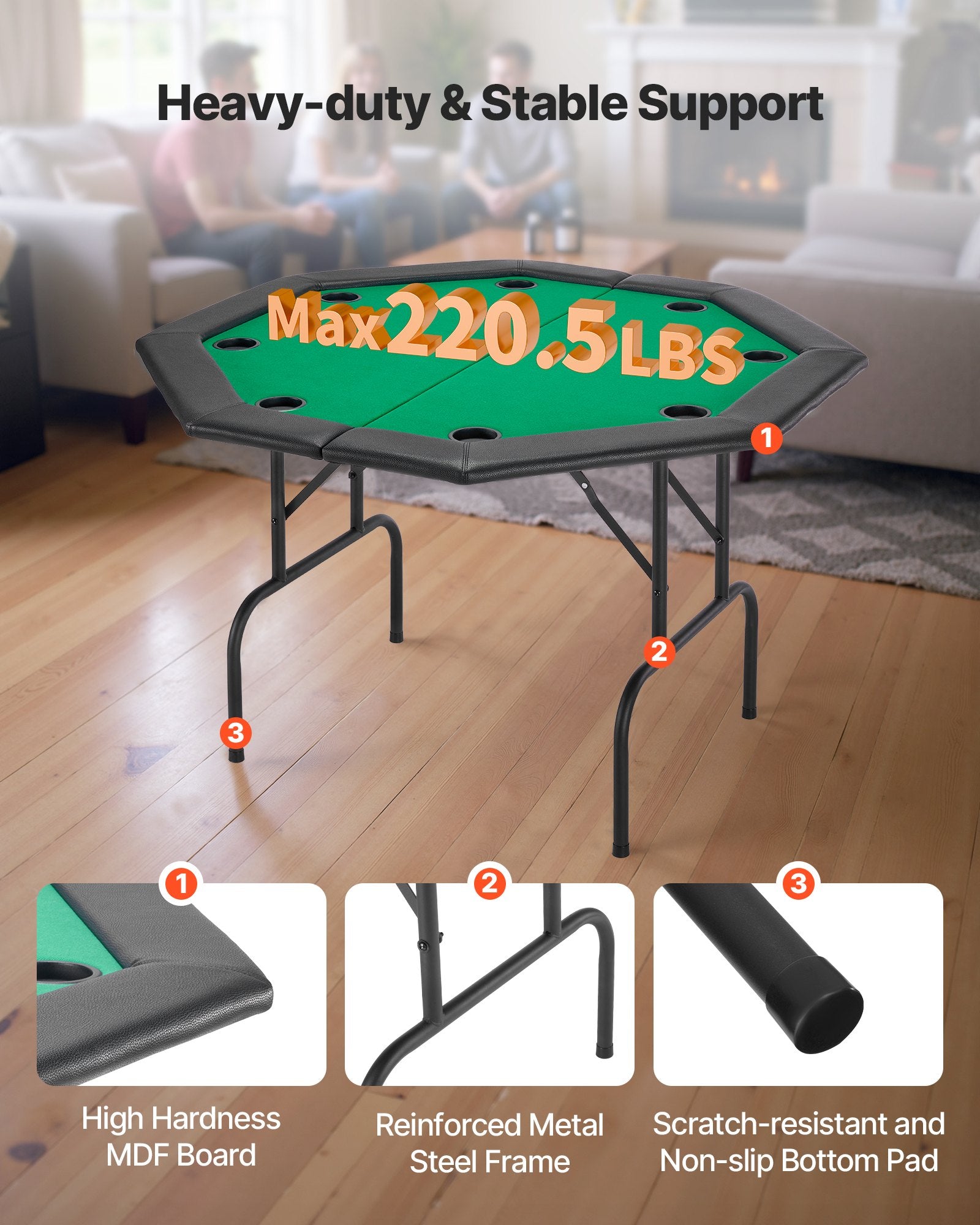 Octagonal 8-Player Foldable Poker Table with Padded Rails, Cup Holders, Felt Surface & Sturdy Metal Legs - Ideal for Texas Hold'em & Blackjack Games