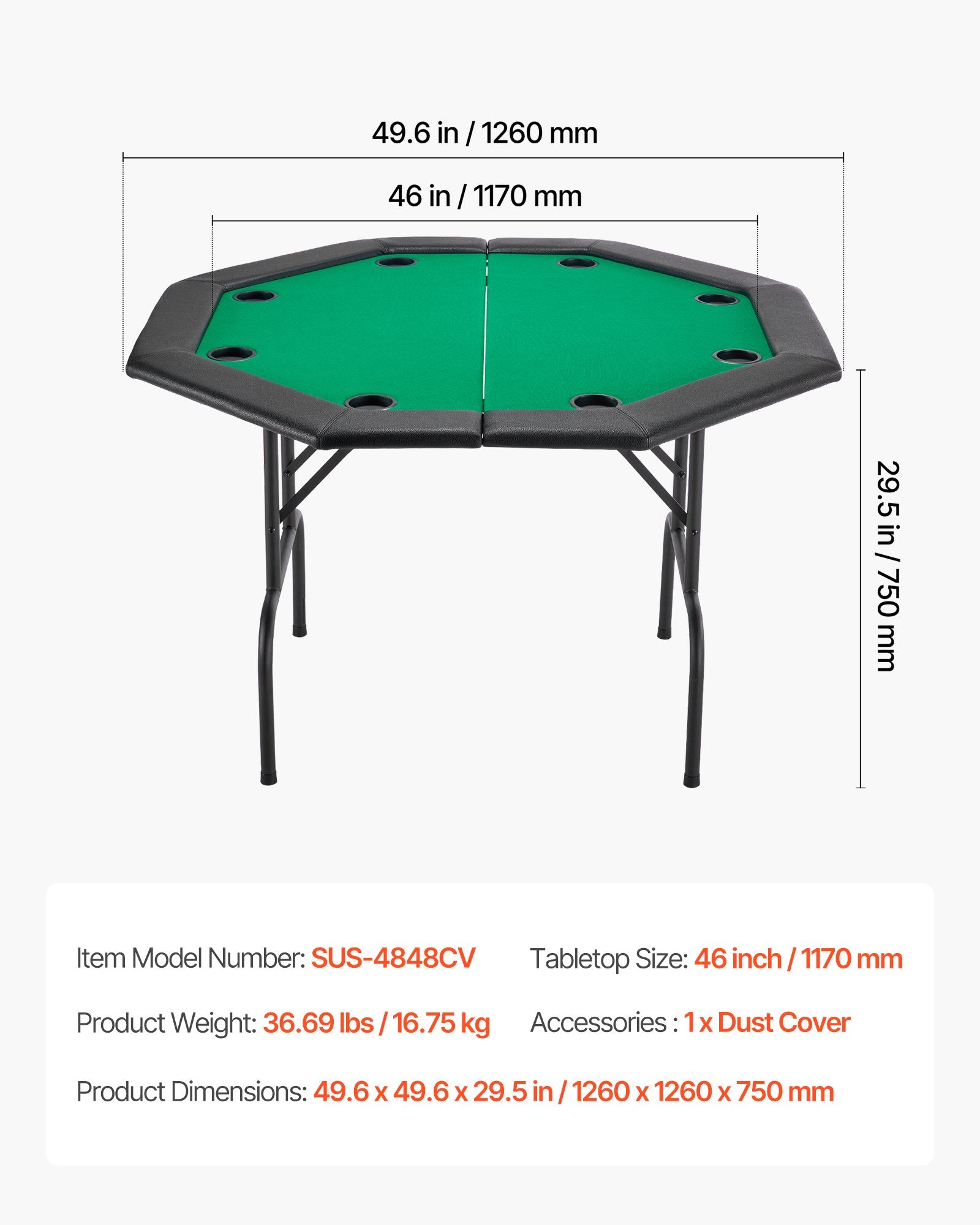 Octagonal 8-Player Foldable Poker Table with Padded Rails, Cup Holders, Felt Surface & Sturdy Metal Legs - Ideal for Texas Hold'em & Blackjack Games
