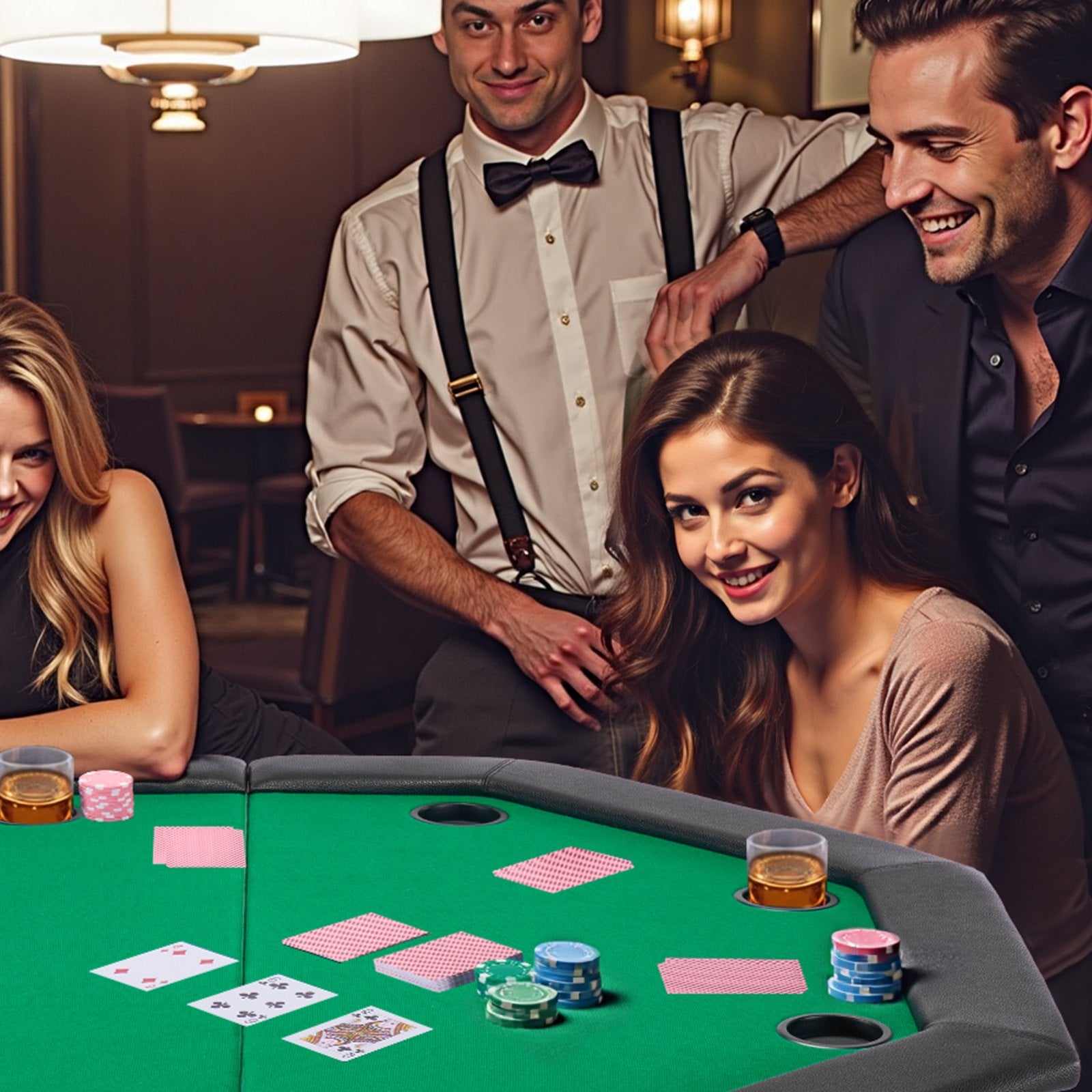 Octagonal 8-Player Foldable Poker Table with Padded Rails, Cup Holders, Felt Surface & Sturdy Metal Legs - Ideal for Texas Hold'em & Blackjack Games