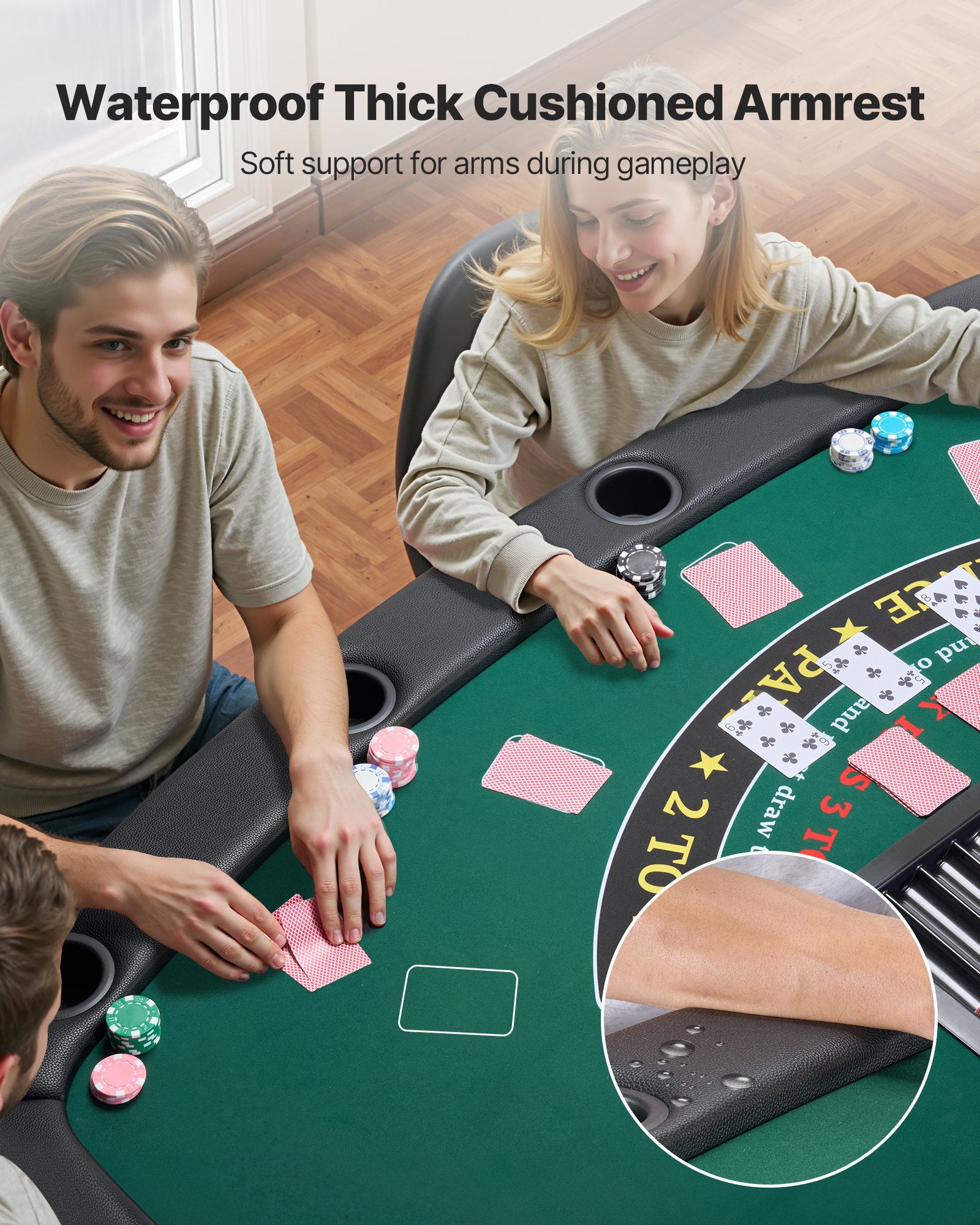 Foldable 7-Player Poker Table with Padded Rails, Cup Holders, Semi-Oval Design for Texas Hold'em & Blackjack, Portable Casino Game Table 72"