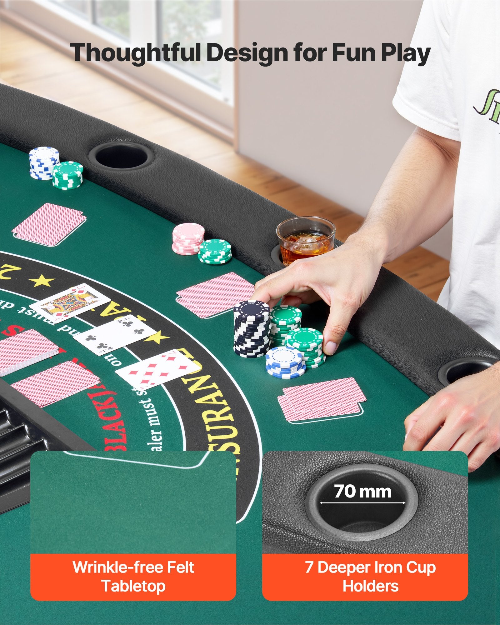 Foldable 7-Player Poker Table with Padded Rails, Cup Holders, Semi-Oval Design for Texas Hold'em & Blackjack, Portable Casino Game Table 72"